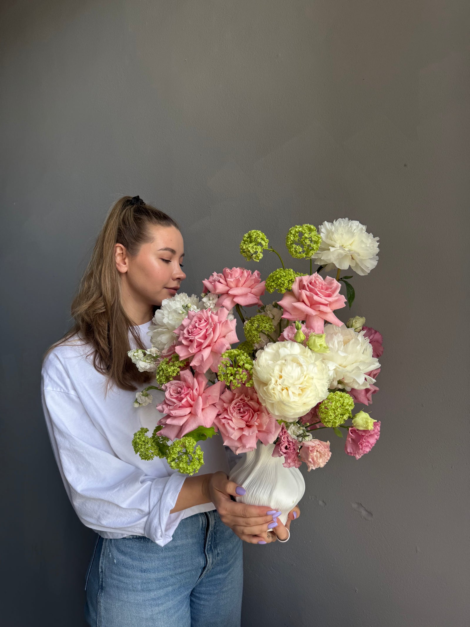 Vase Arrangement “Petal Baby” — roses, peonies, viburnum