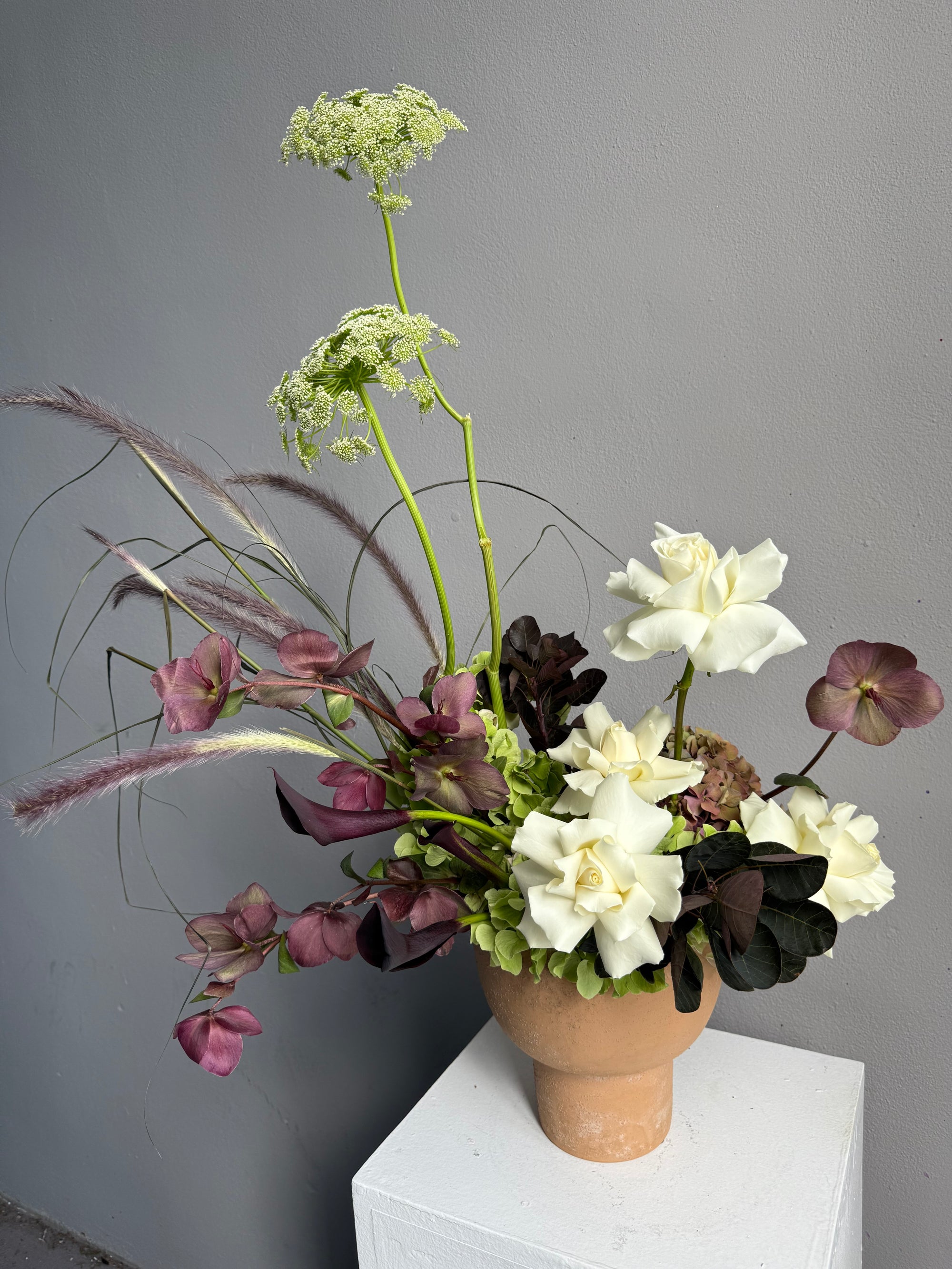 Interior Arrangement “Autumn Archive” — viburnum, roses, hydrangea