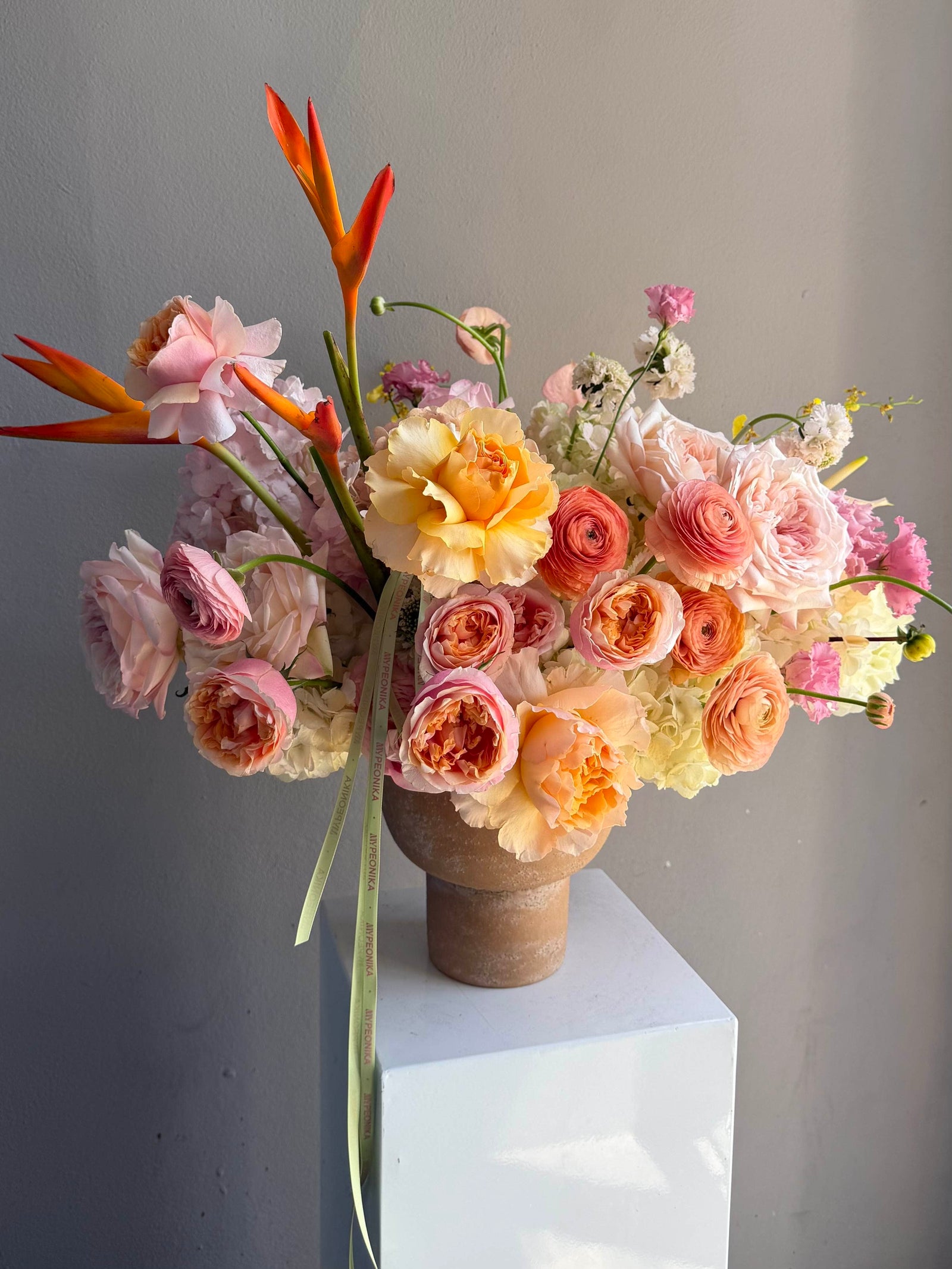Vase Arrangement “Dear September” — roses, ranunculus, hydrangea, bird of paradise