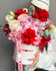 Flower Box “Tender Red” — ranunculuses, hydrangeas, roses