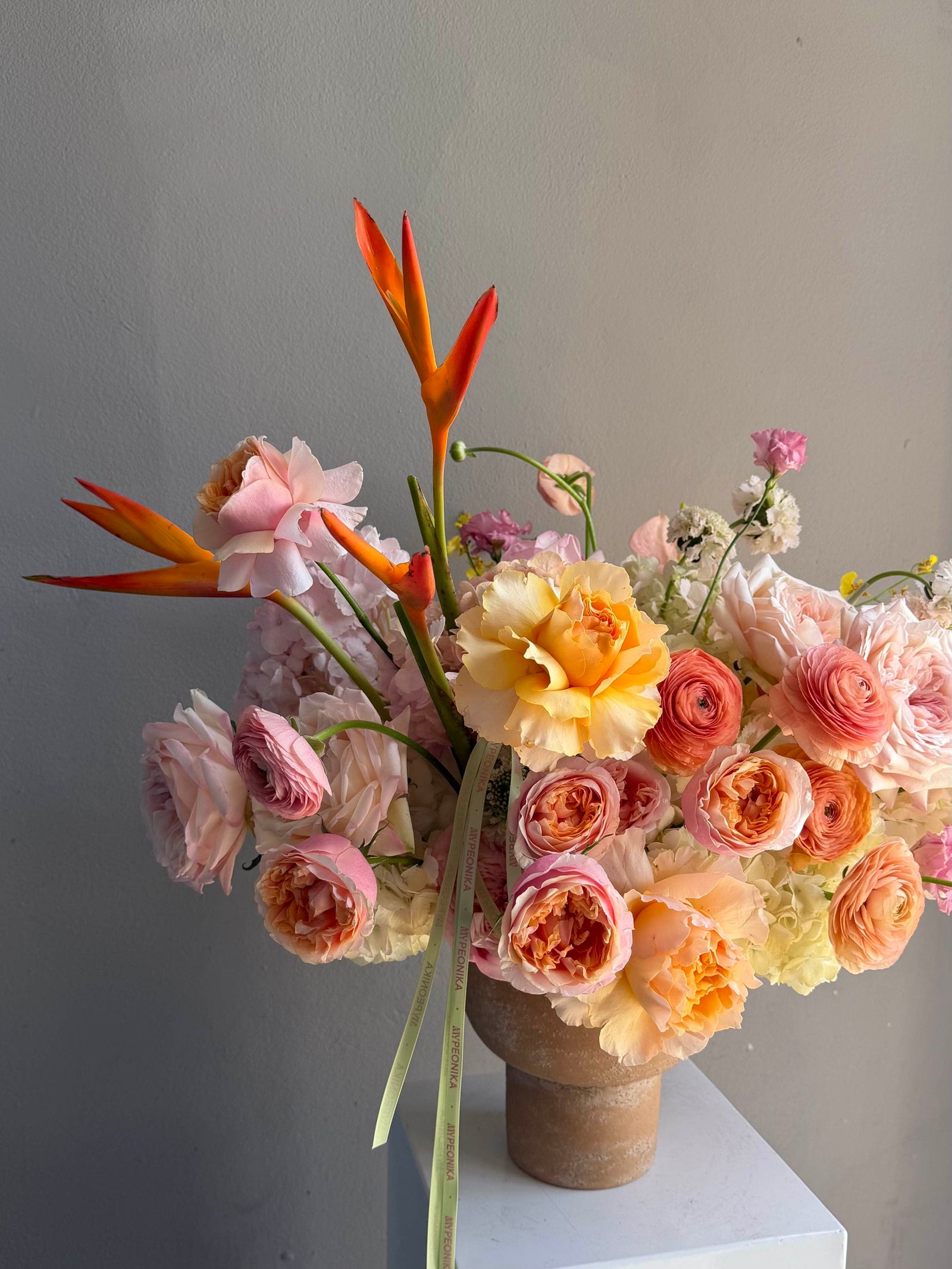 Vase Arrangement “Dear September” — roses, ranunculus, hydrangea, bird of paradise