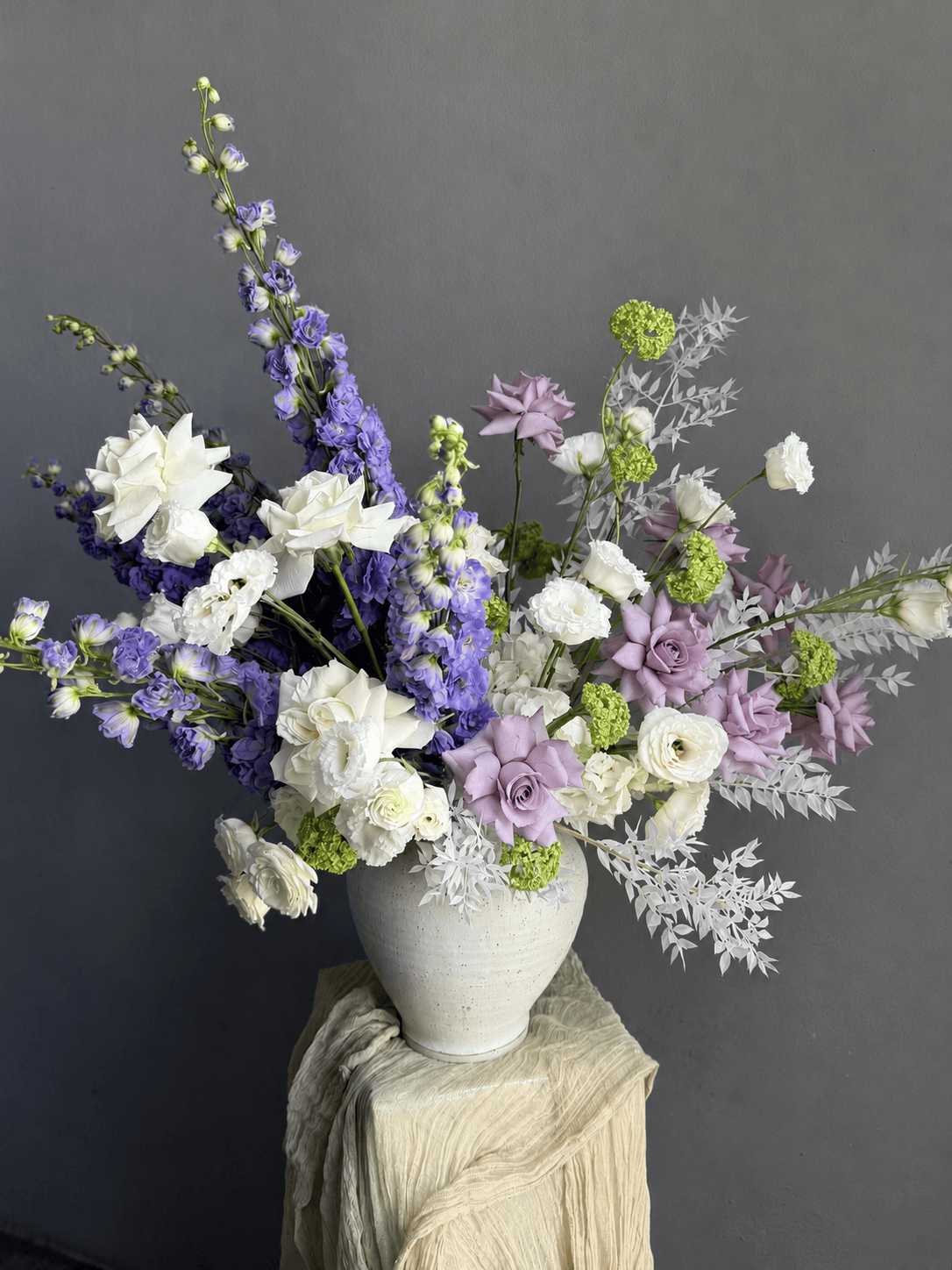 Vase Arrangement “Summer Poetry” — delphinium, roses, lisianthus