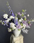 Vase Arrangement “Summer Poetry” — delphinium, roses, lisianthus