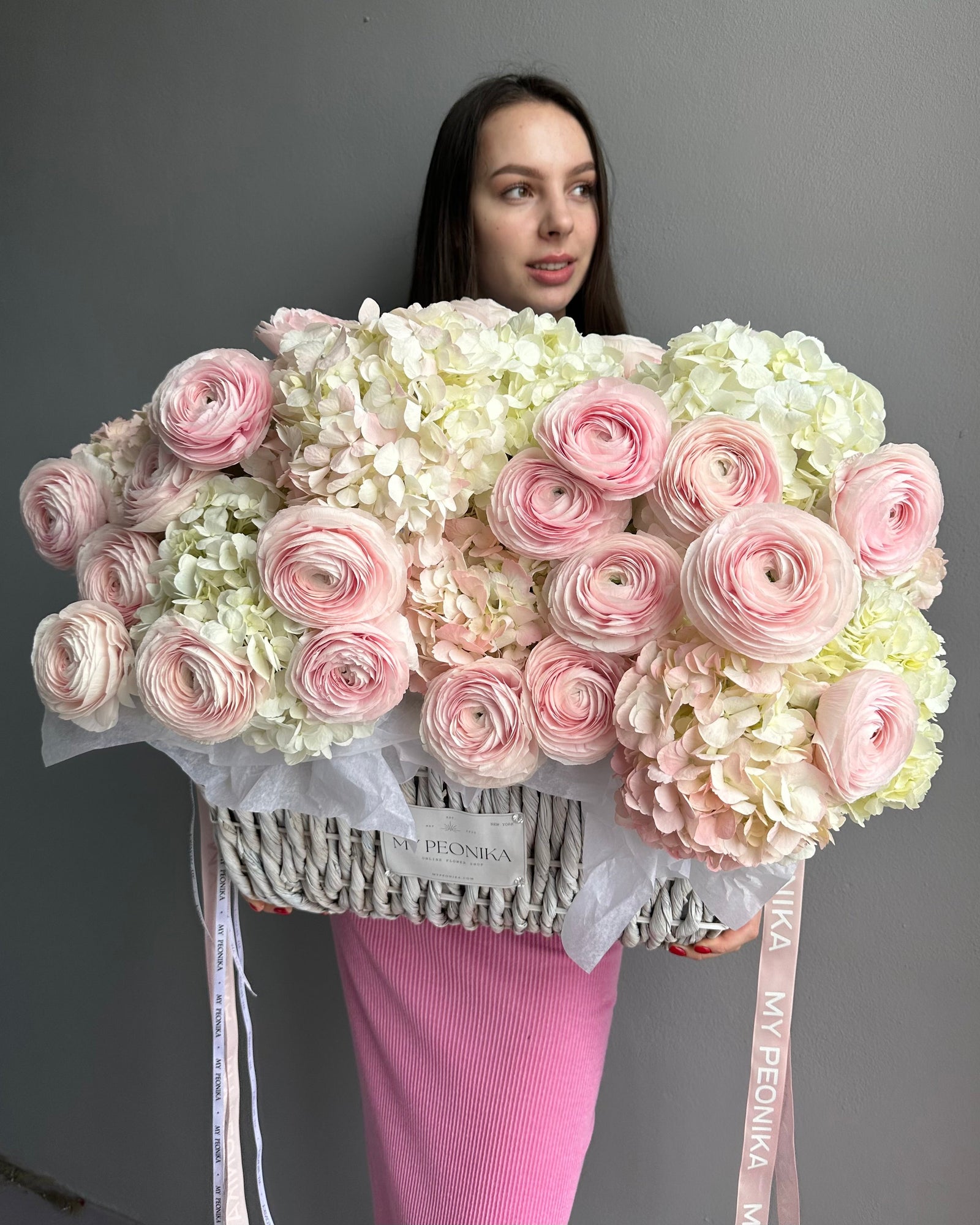 Flower Basket "Whispering Angel" - ranunculuses, hydrangeas