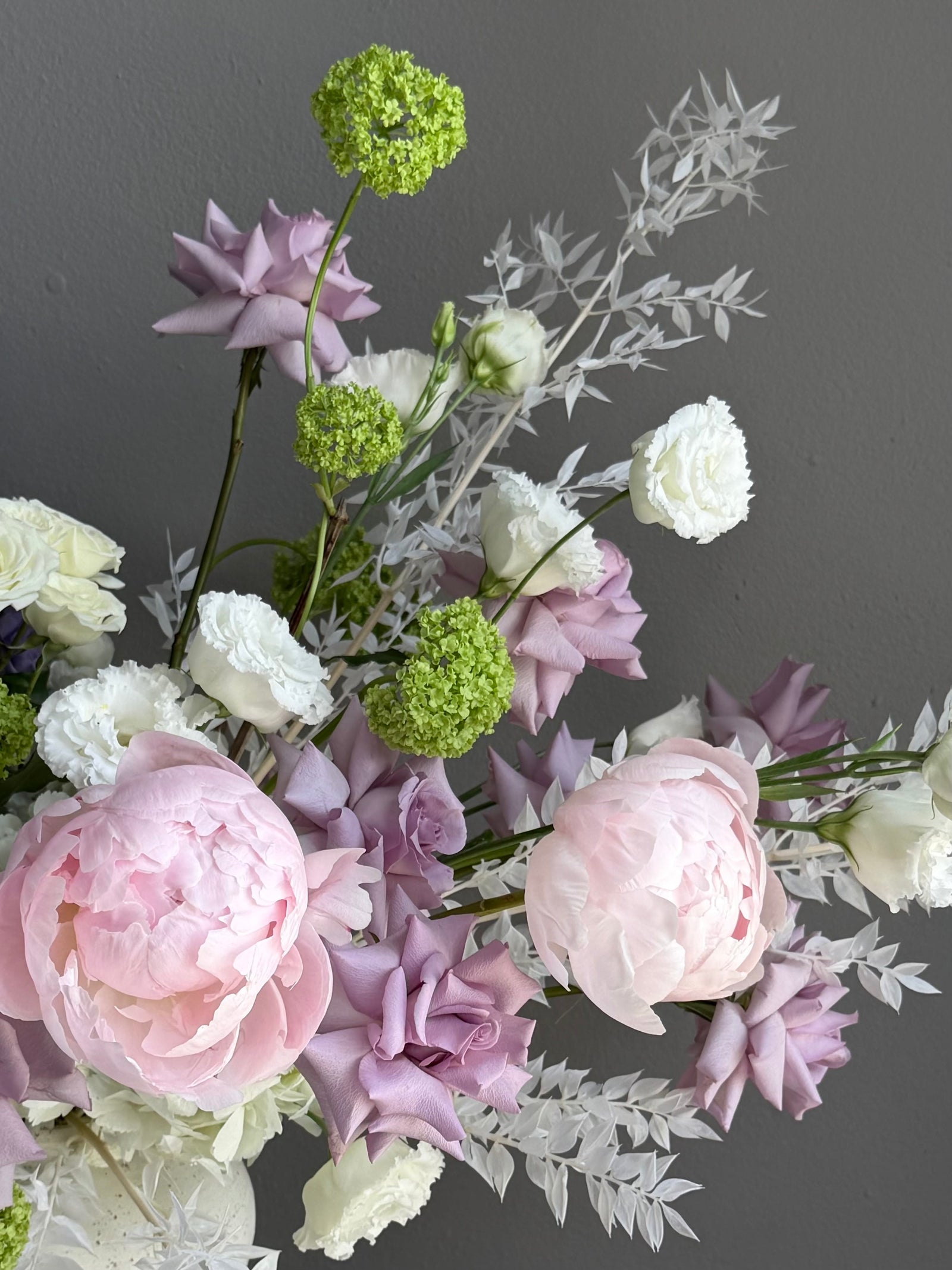 Vase Arrangement “Summer Poetry” — delphinium, peonies, roses, viburnum, lisianthus