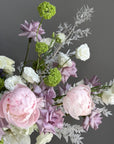 Vase Arrangement “Summer Poetry” — delphinium, peonies, roses, viburnum, lisianthus
