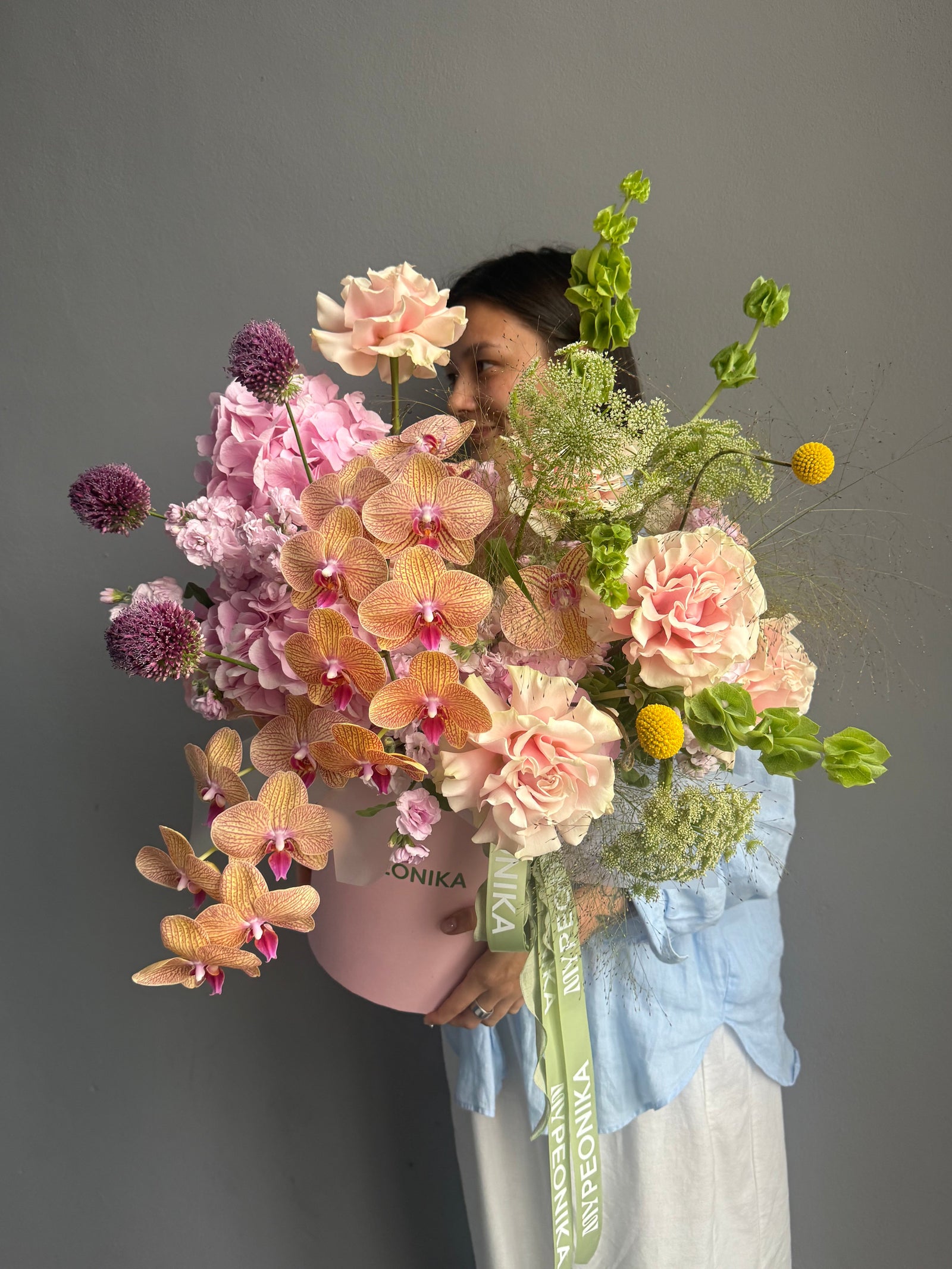 Flower Box “Cloud Atlas” — orchids, hydrangea, roses, allium