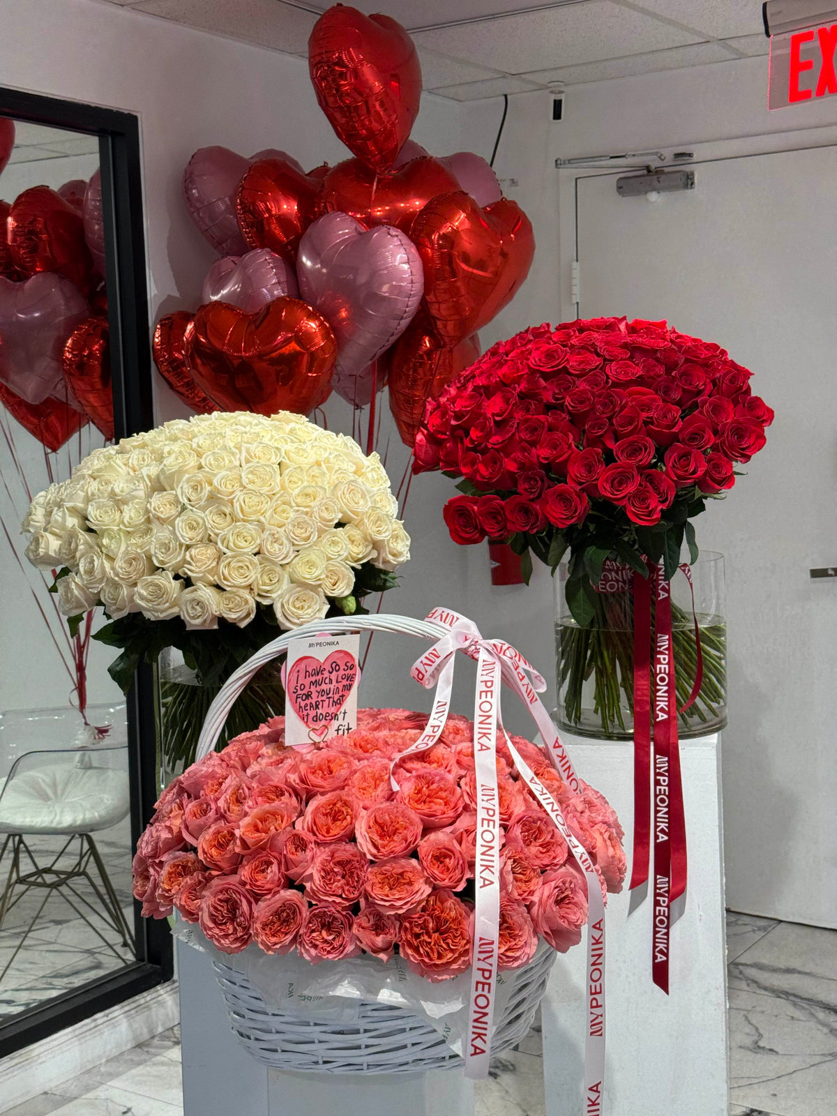 Luxury Flower &amp; Balloon Set “With All My Love” — Pink Expression roses, white roses, red roses, heart balloons