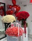 Luxury Flower & Balloon Set “With All My Love” — Pink Expression roses, white roses, red roses, heart balloons