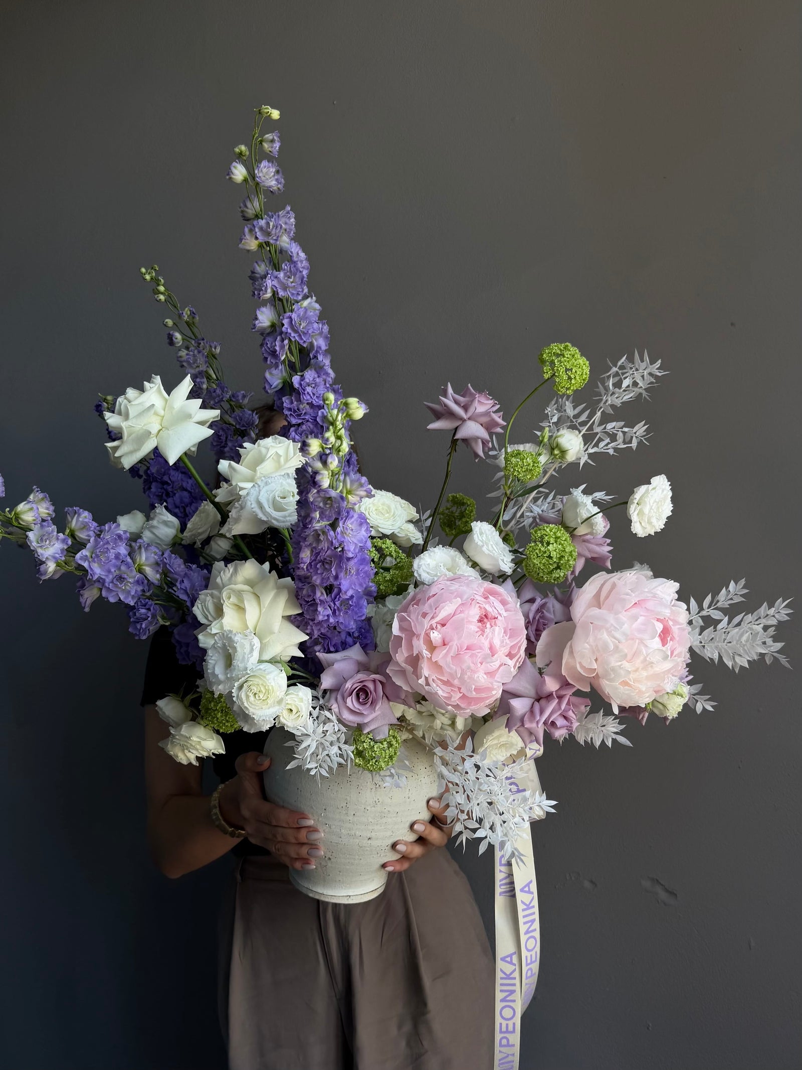 Vase Arrangement “Summer Poetry” — delphinium, peonies, roses, viburnum, lisianthus