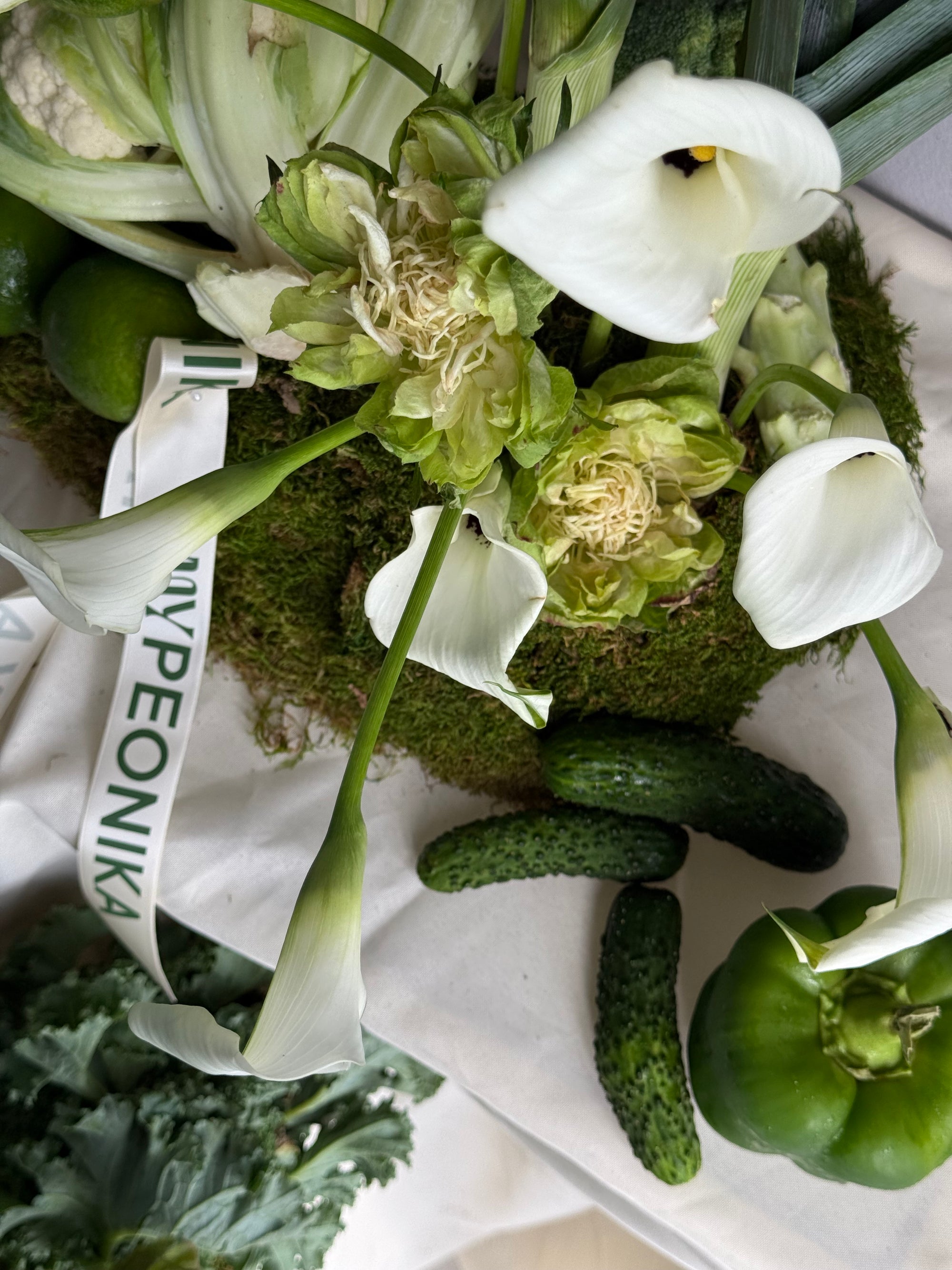 Interior Arrangements Set “Vibrant Core” — calla lilies, viburnum, rose veggie, assorted vegetables