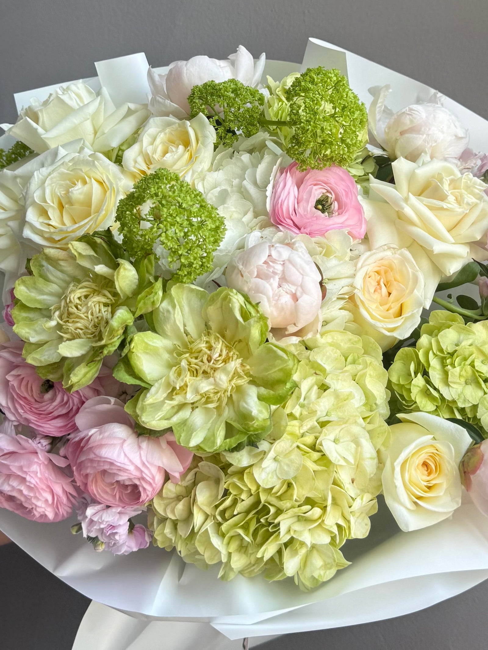 Bouquet “The Softest Thank You” — roses, hydrangea, peonies, ranunculus, veggie roses