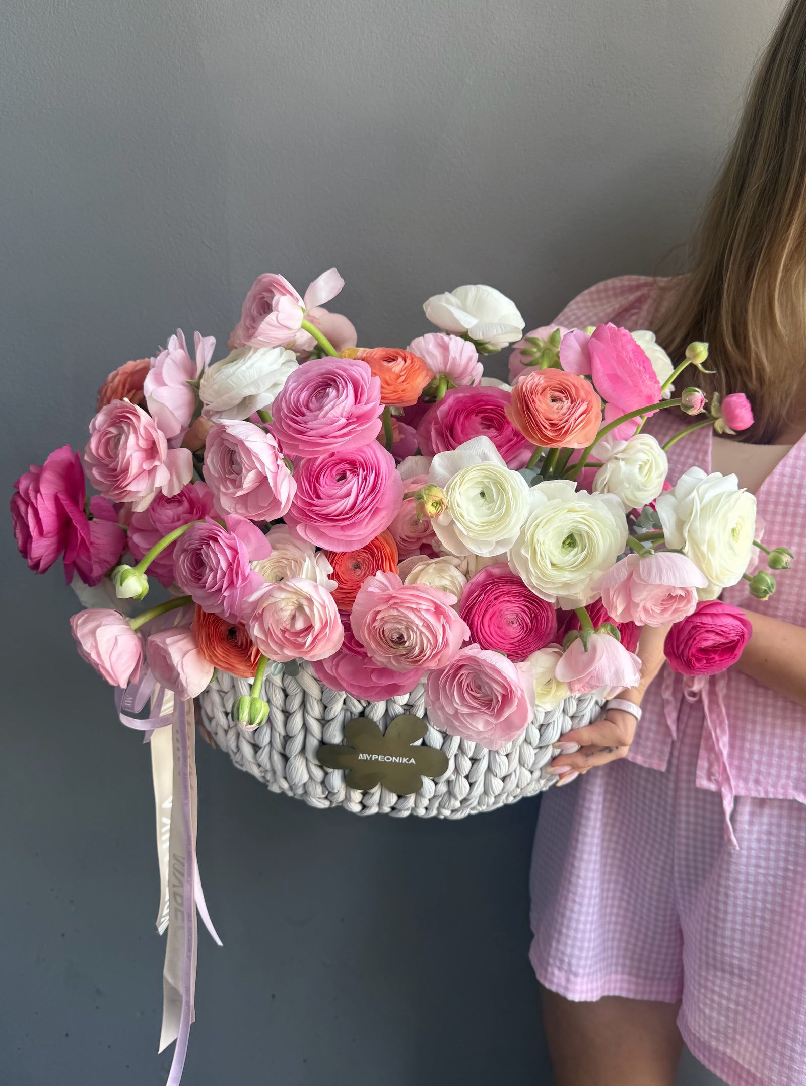 Flower Basket “Petal Cloud” — mixed ranunculuses