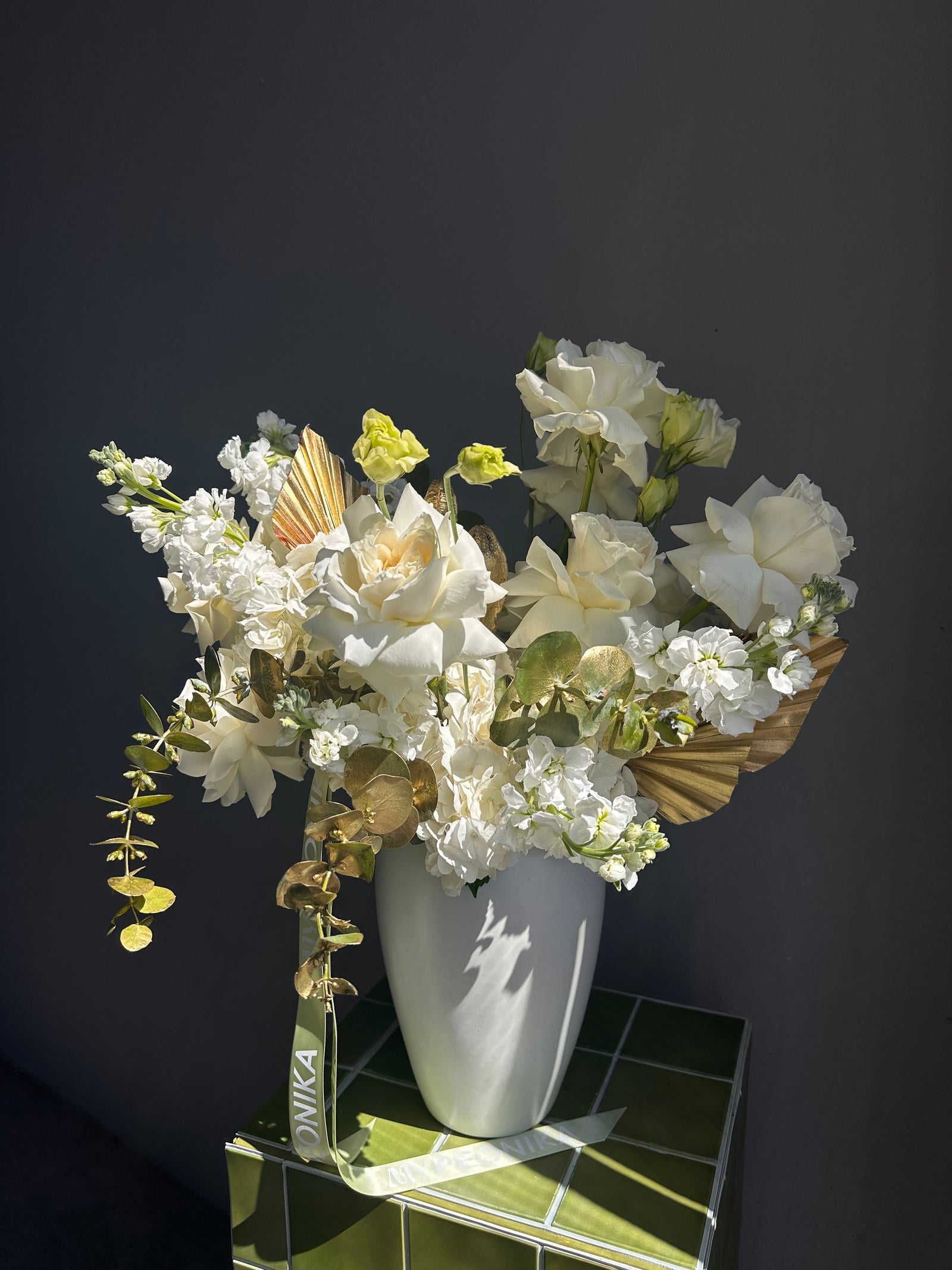 Interior arrangement "Warm Embrace" - roses, stock, dried flowers