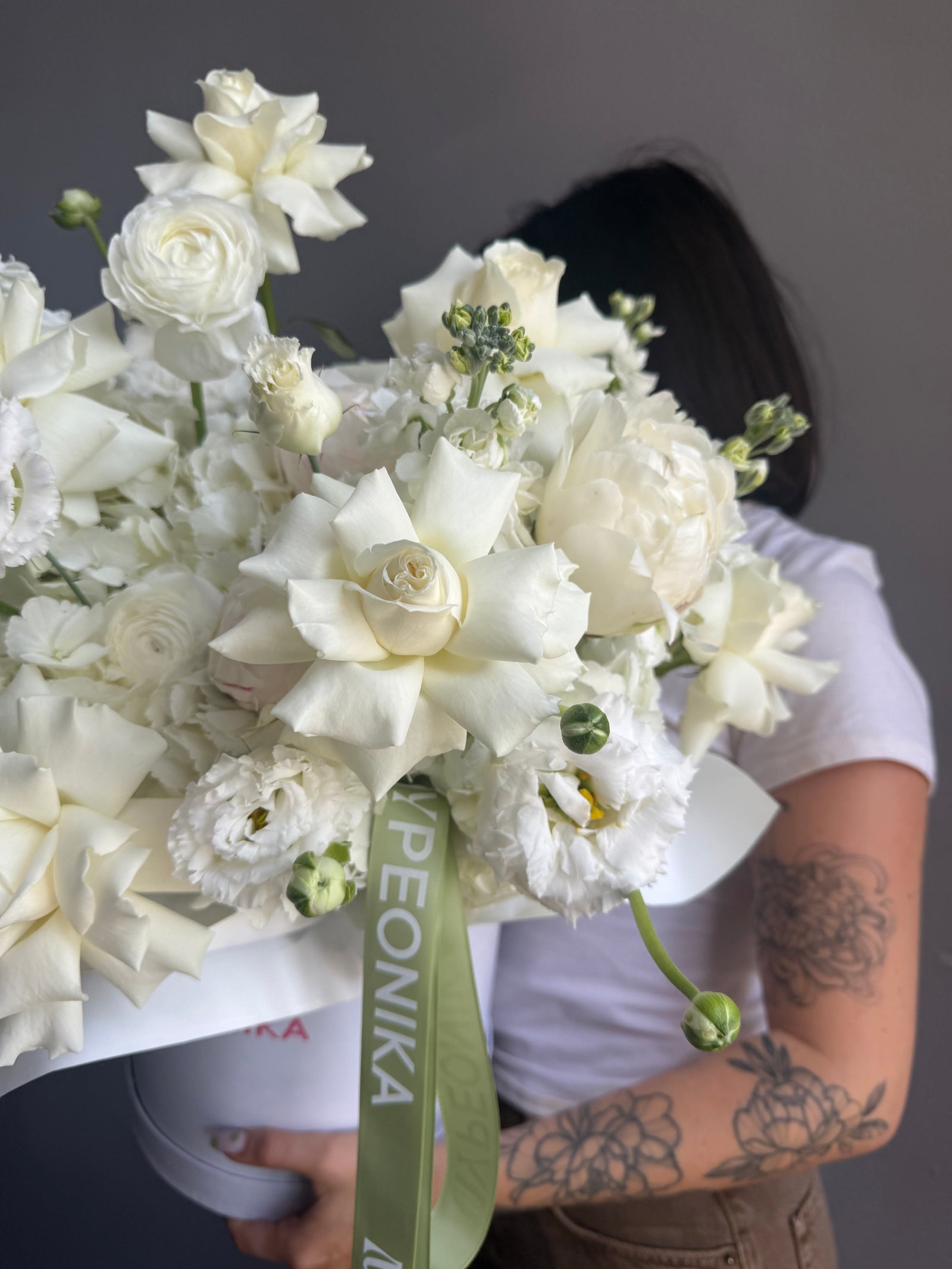Flower Box “Tender White” — hydrangeas, peonies, ranunculus, lisi, white stock
