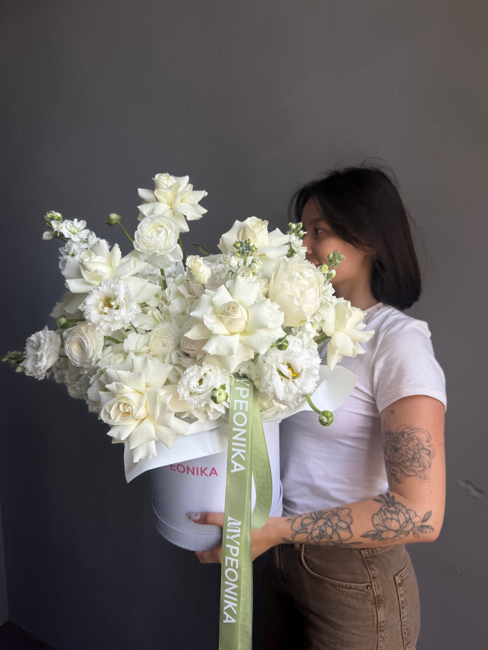 Flower Box “Tender White” — hydrangeas, peonies, ranunculus, lisi, white stock