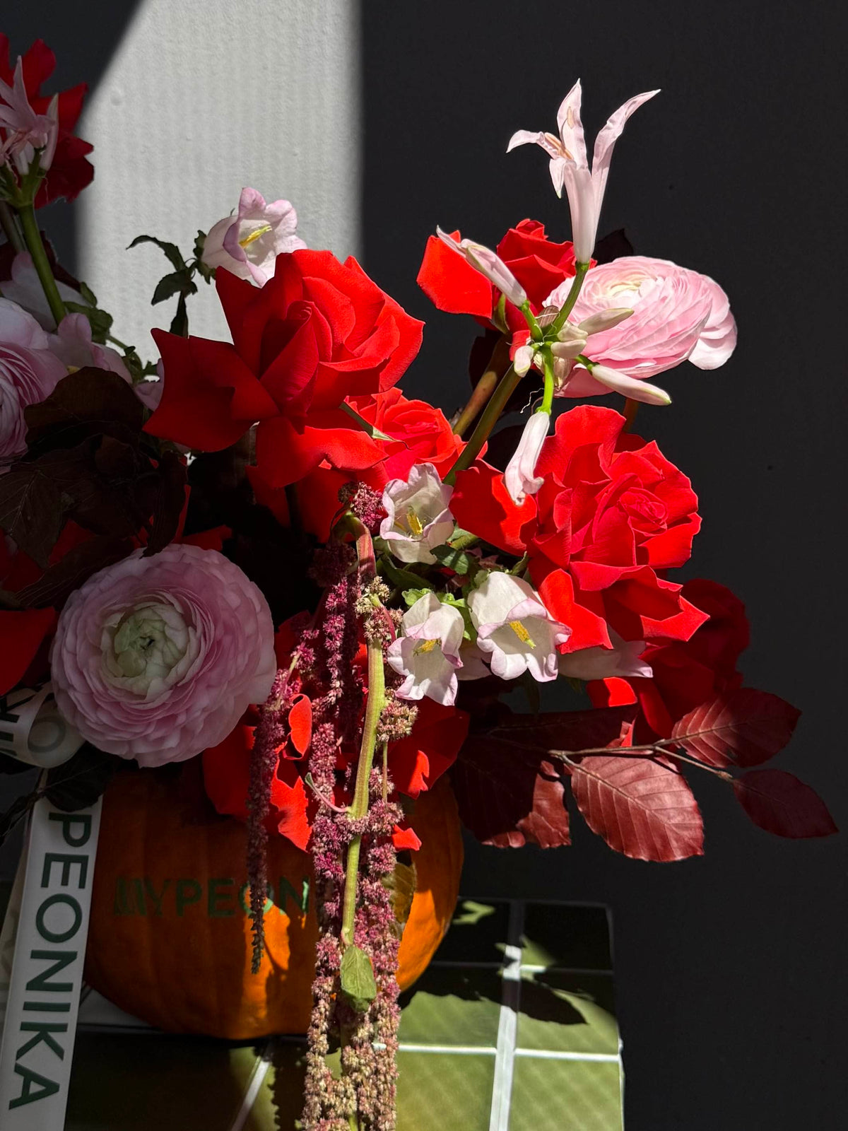 Interior Arrangement “Pumpkin Club” — roses, ranunculus, amaranth