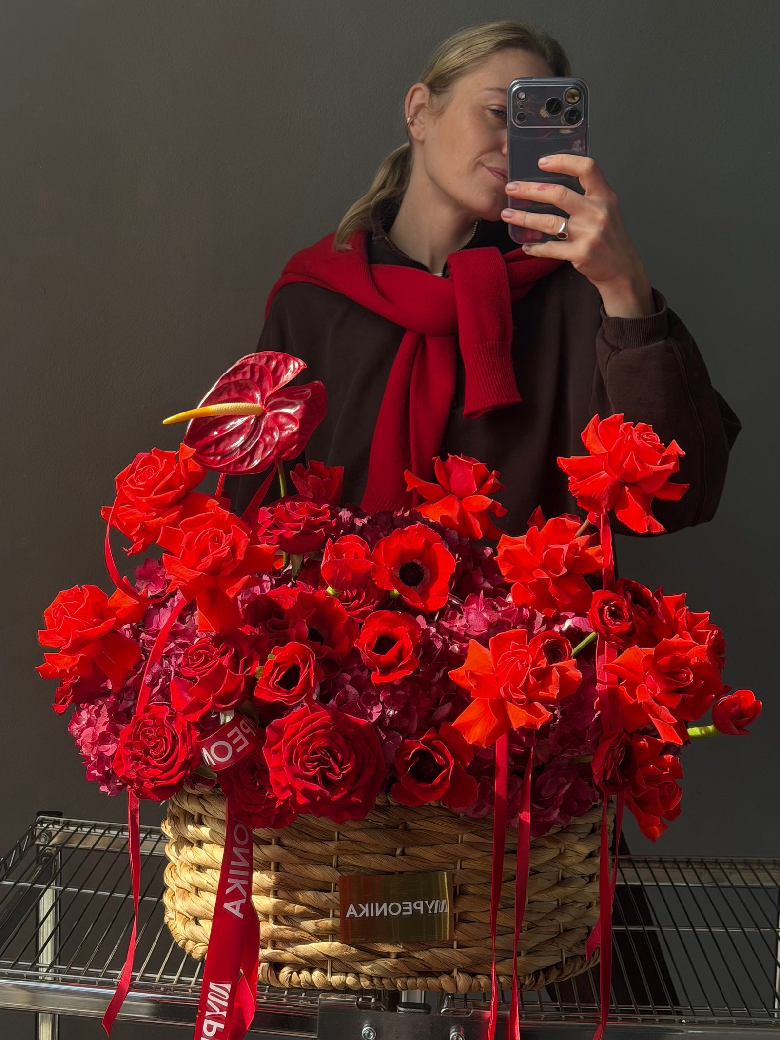 Flower Basket “Body Language” — anemones, roses, anthurium, hydrangea