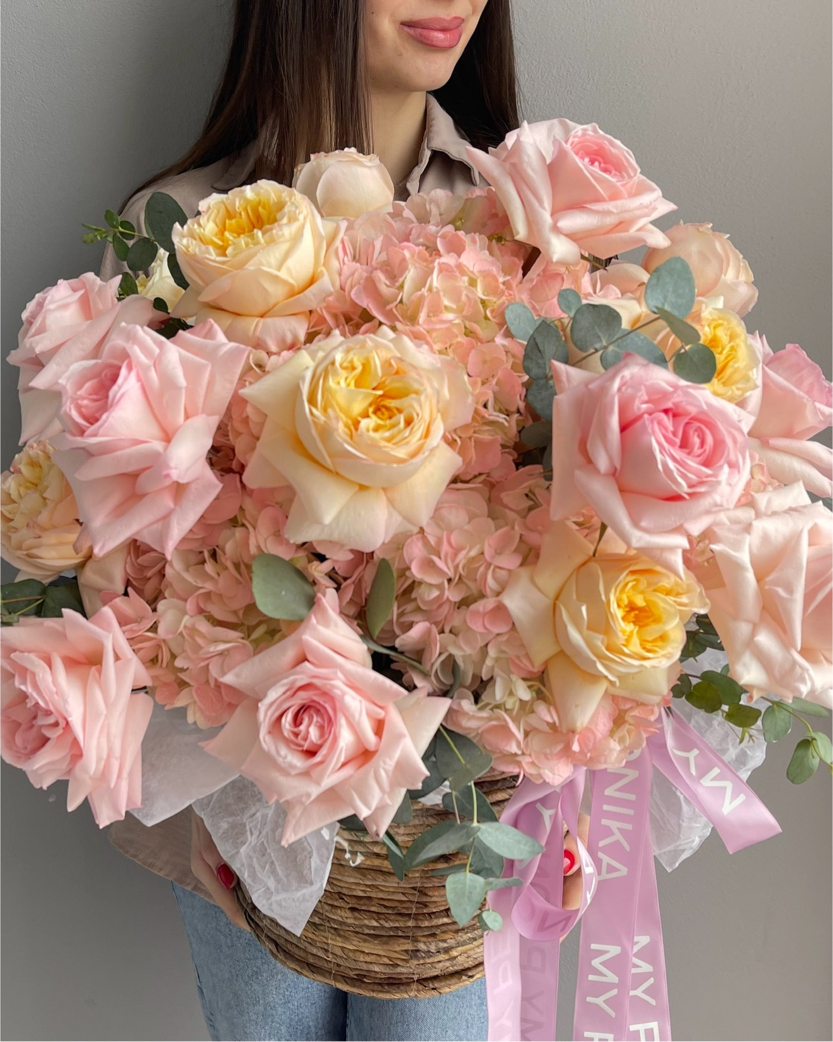 Flower Basket &quot;Love Affair&quot; - garden roses, hydrangeas