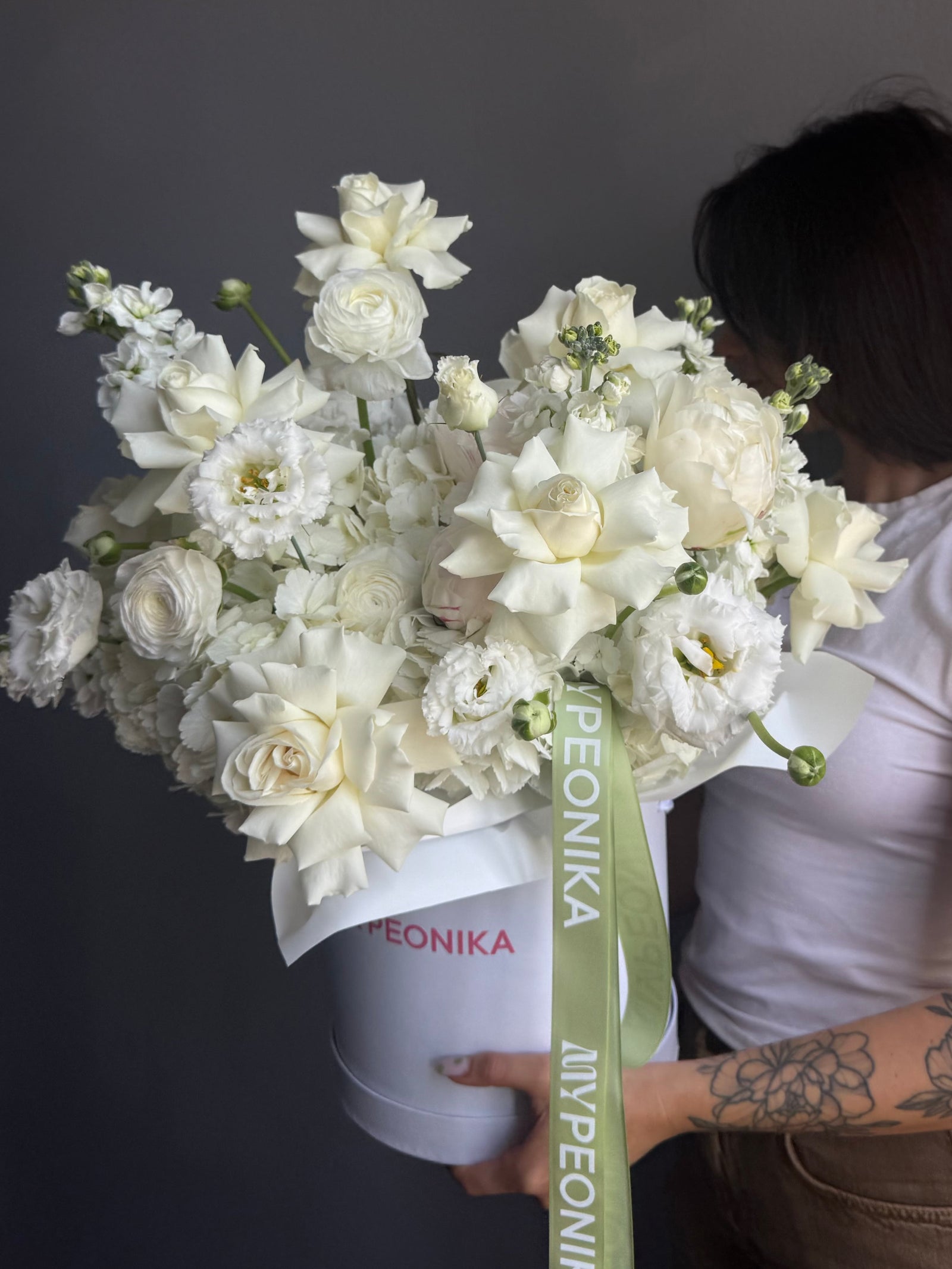 Flower Box “Tender White” — hydrangeas, peonies, ranunculus, lisi, white stock