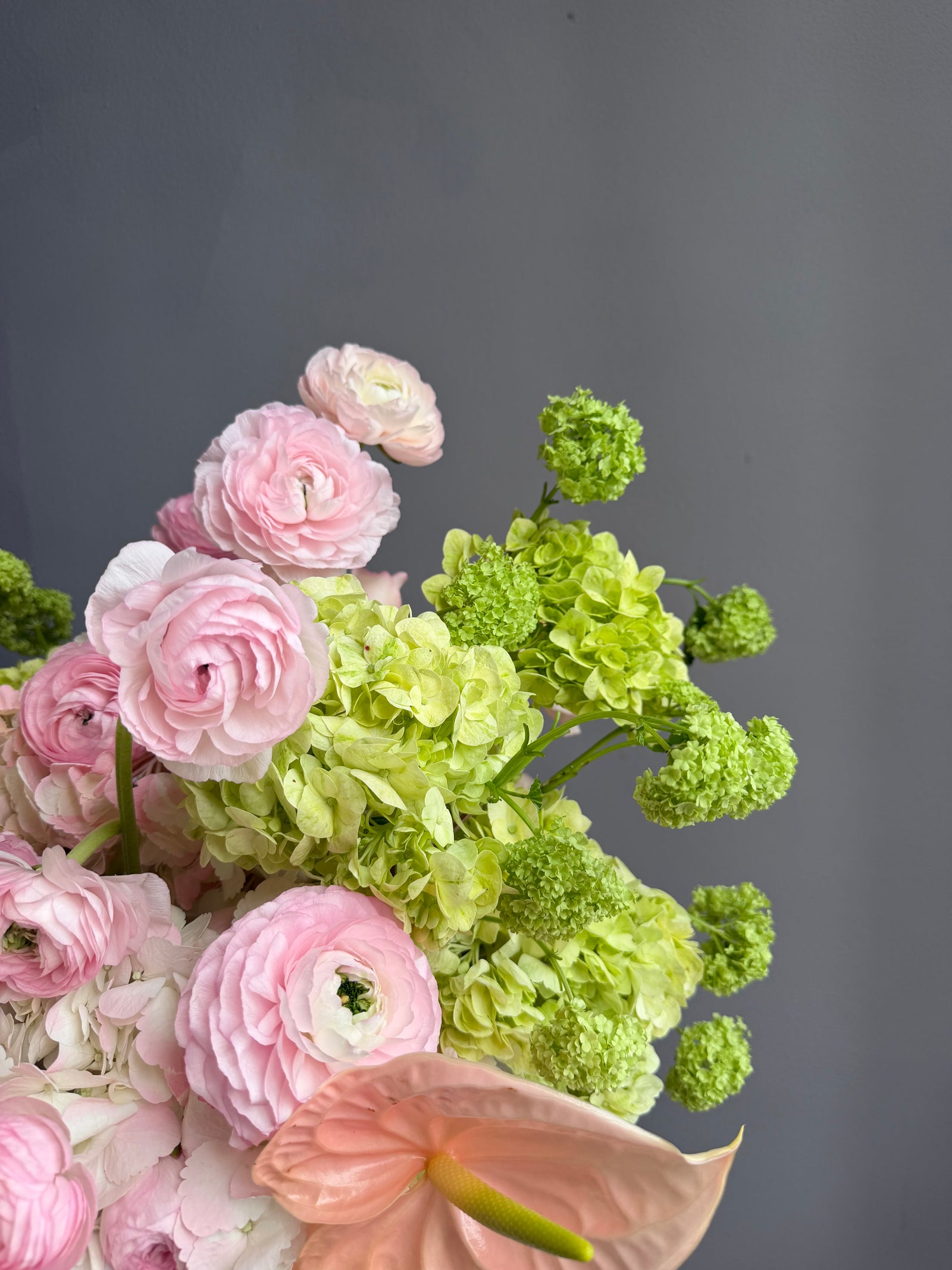 Flower Box “The Way You Care” — roses, hydrangea, ranunculus, anthurium, viburnum