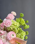 Flower Box “The Way You Care” — roses, hydrangea, ranunculus, anthurium, viburnum