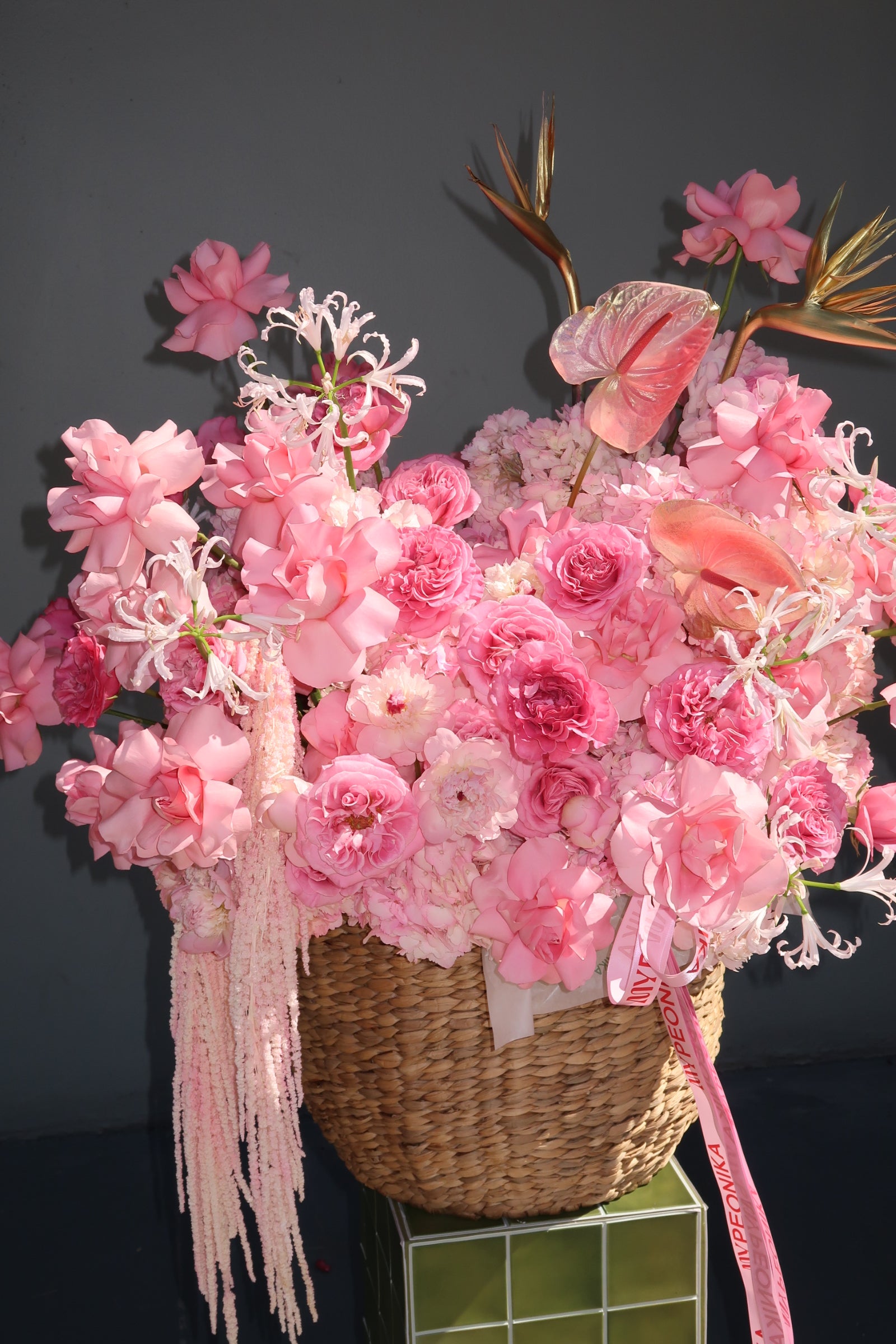 Flower Basket “Hyperpink” — anthurium, strelitzia, roses, hydrangea