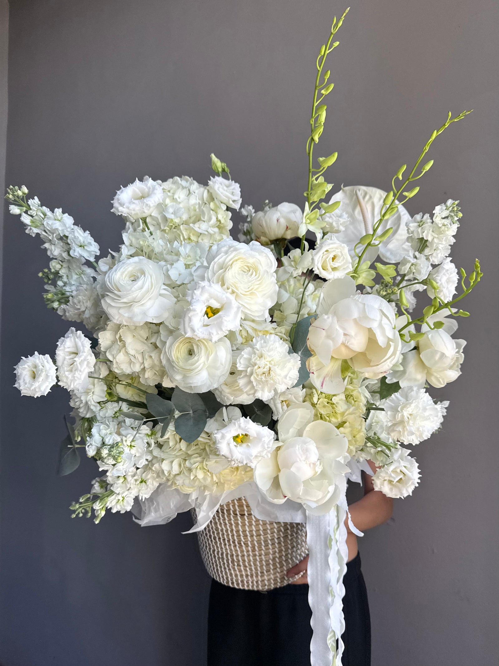 Flower Basket “Clean Girl Bloom” — roses, peonies, viburnum, lisianthus, ranunculus
