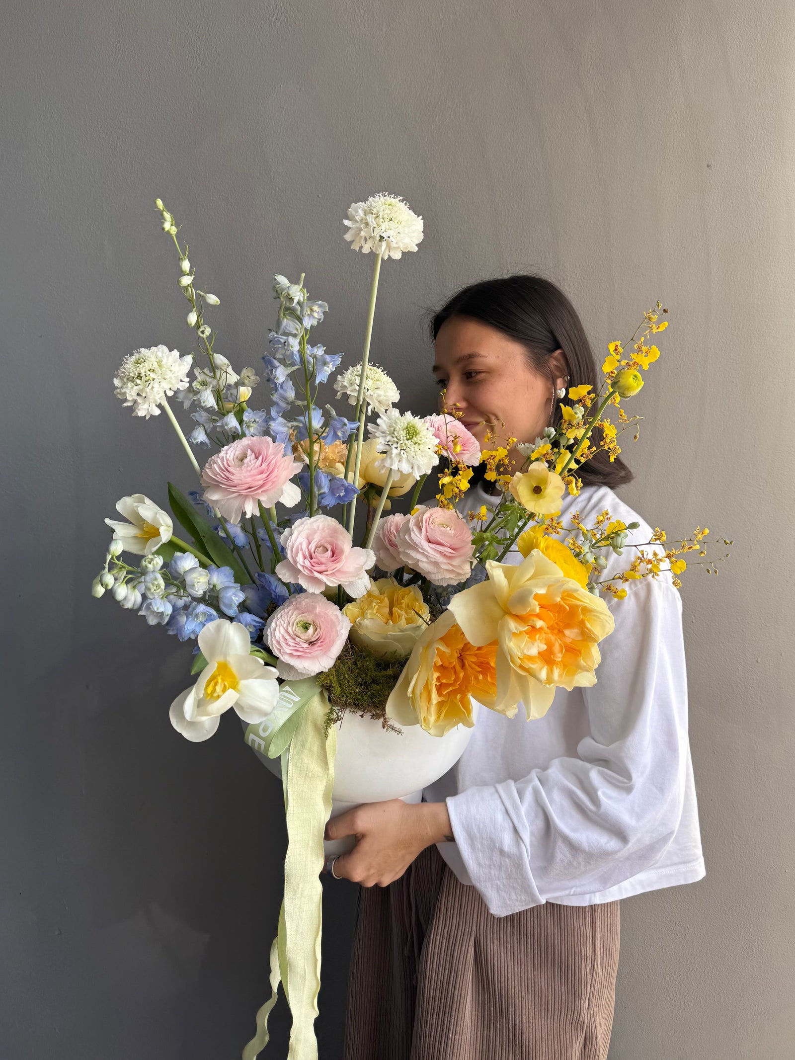 Interior Arrangement “Color Therapy” — ranunculus, roses, delphinium &amp; seasonal blooms