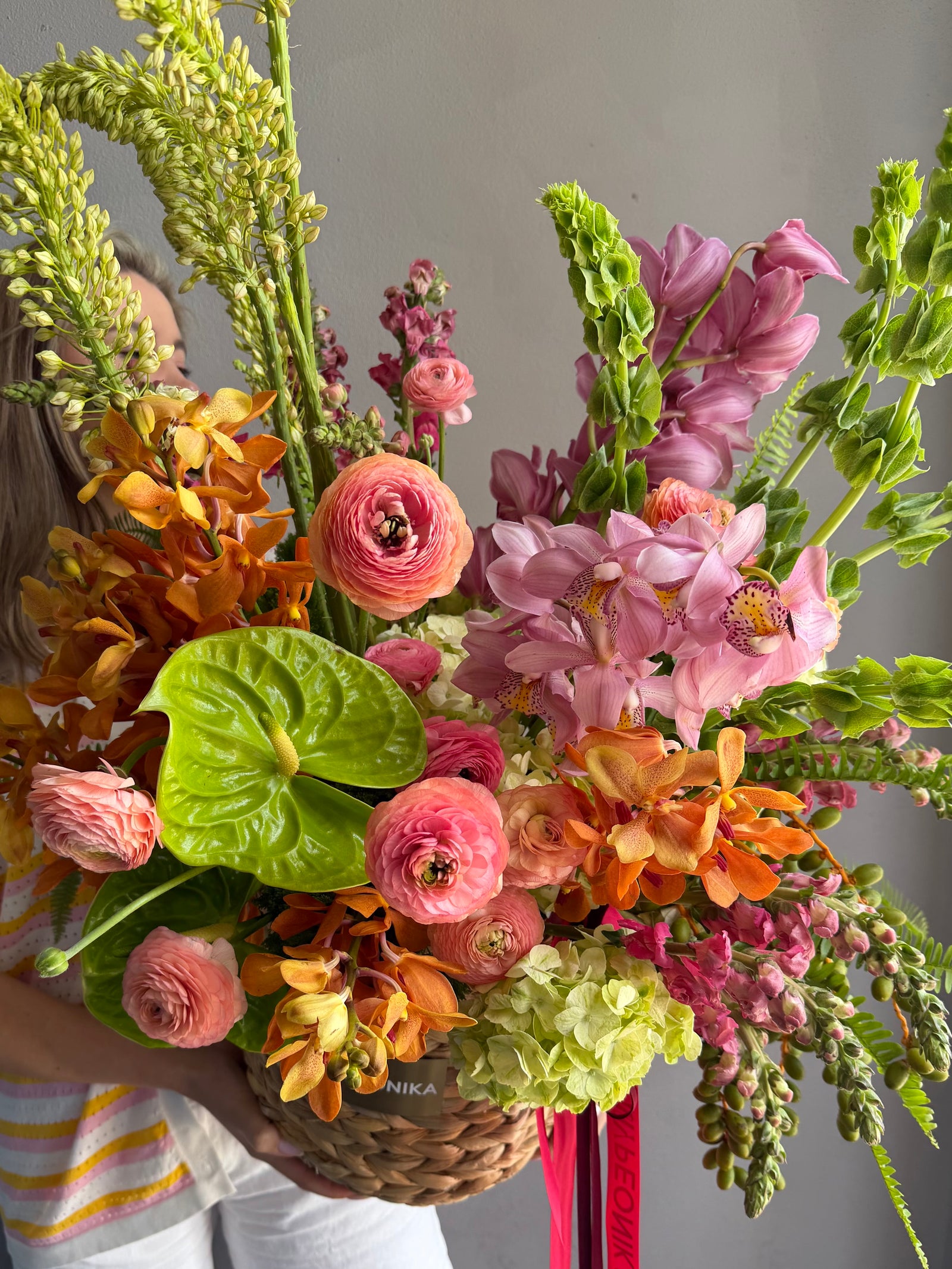 Flower Basket “Wild Eden” — ranunculus, anthurium, hydrangea, orchids, eremurus, moluccella