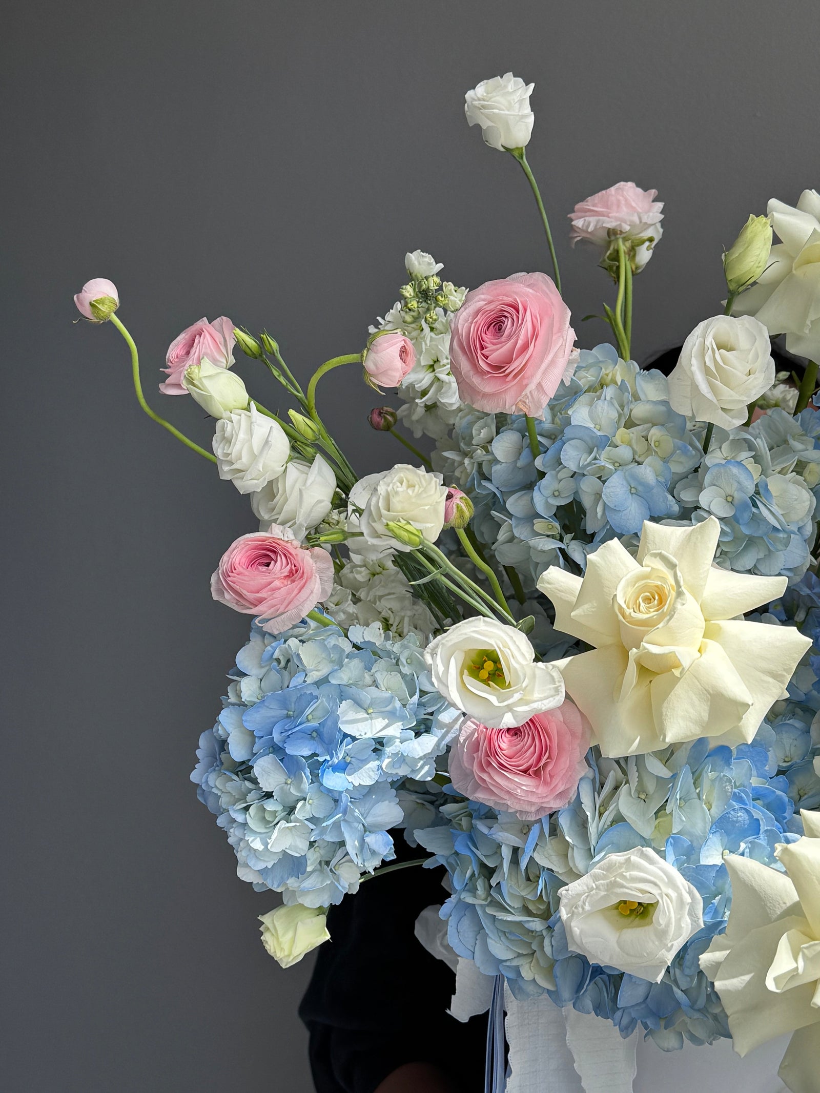 Flower Box “Unsent Message” — roses, delphinium, ranunculus