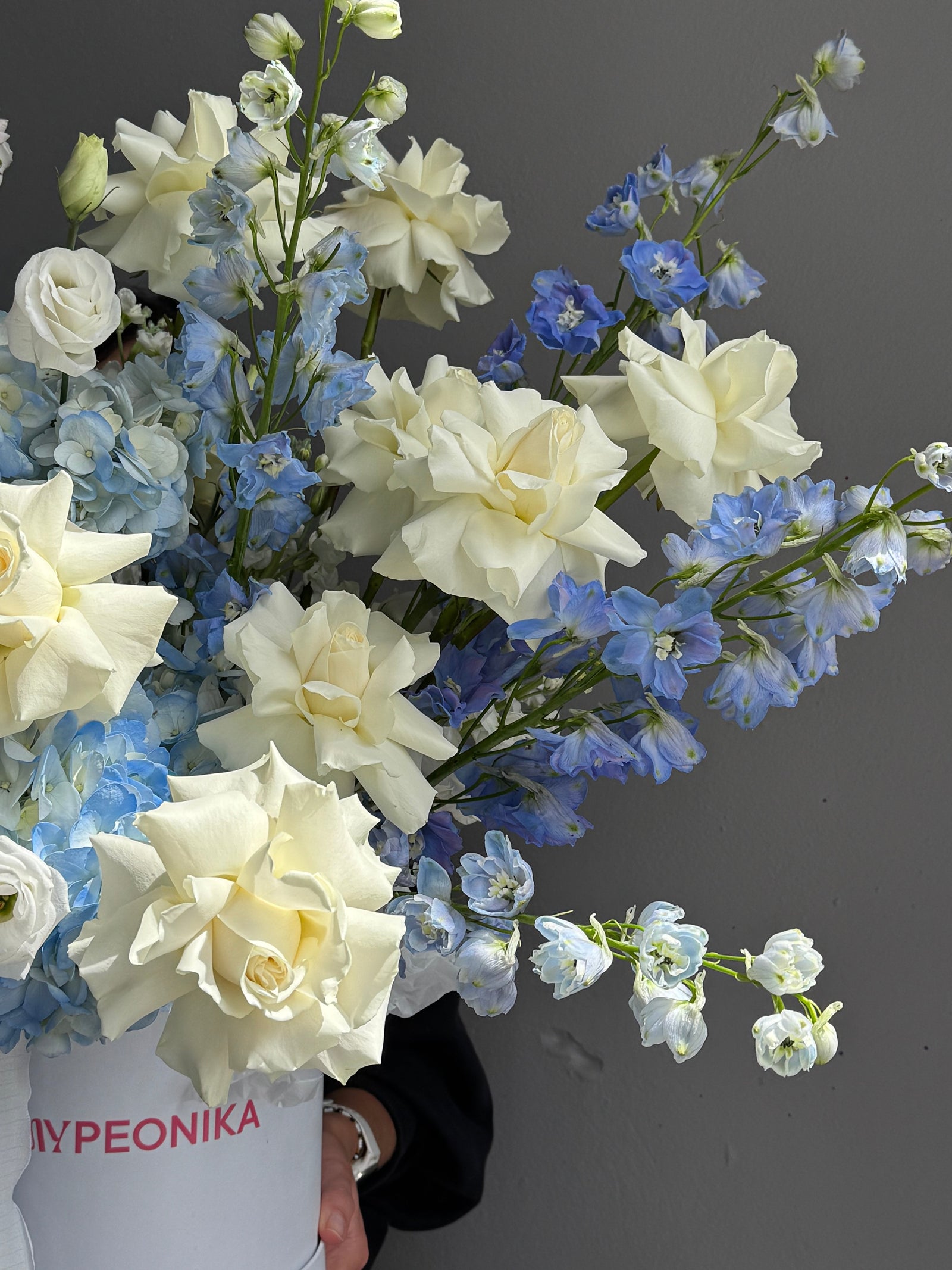 Flower Box “Unsent Message” — roses, delphinium, ranunculus