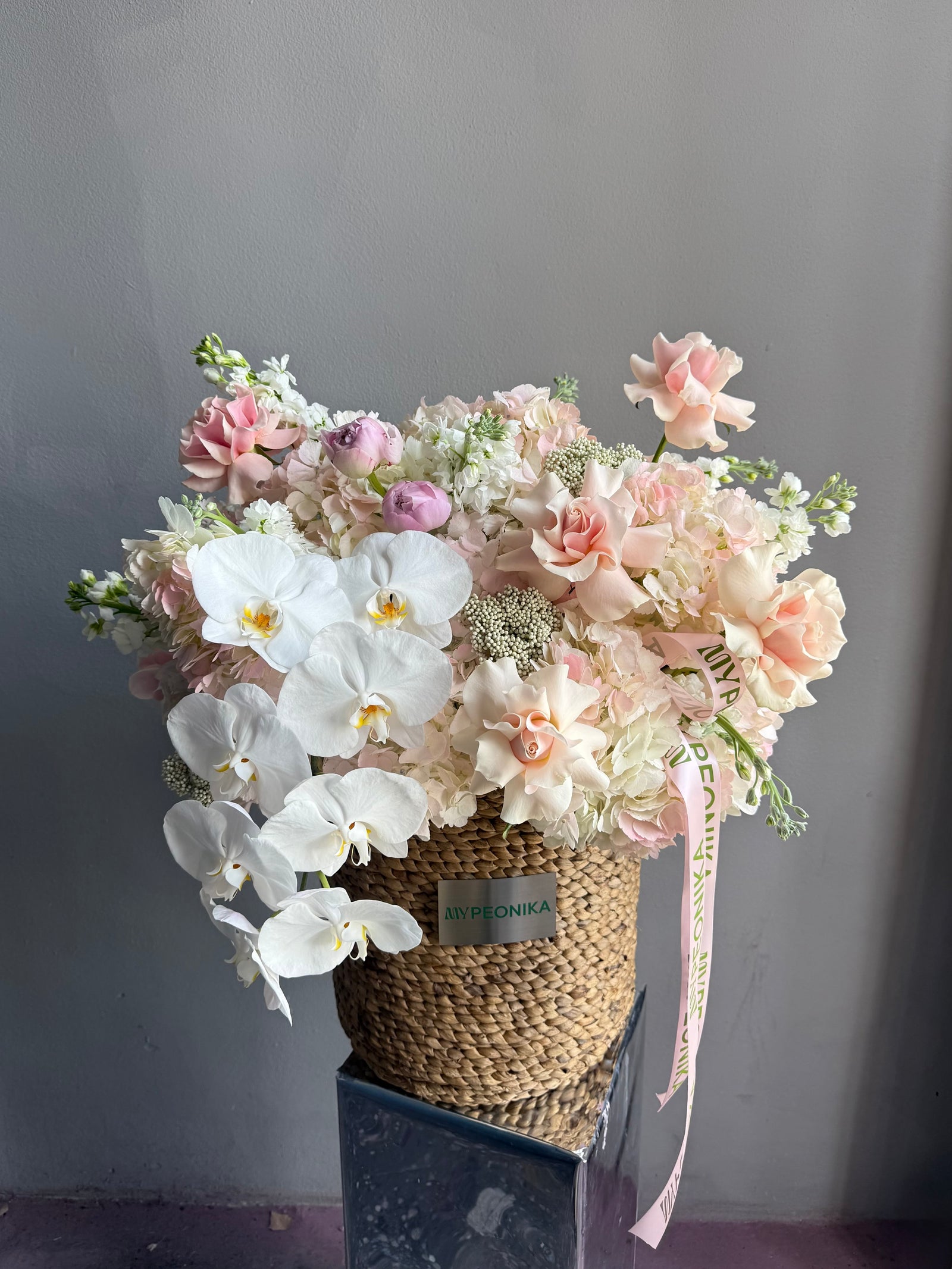 Flower Basket “I Mean… Look at It” — orchid, hydrangea, roses