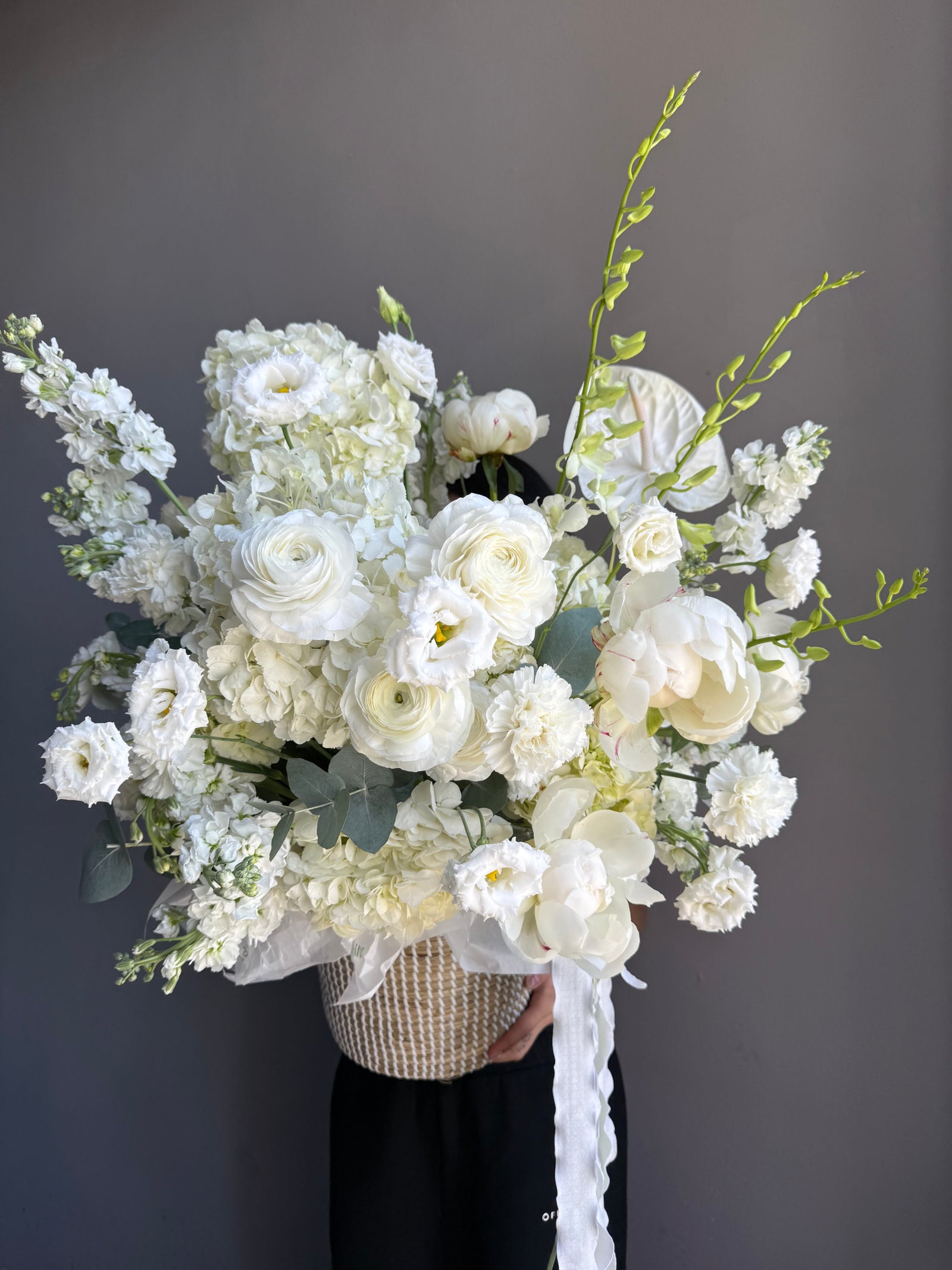 Flower Basket “Clean Girl Bloom” — roses, peonies, viburnum, lisianthus, ranunculus