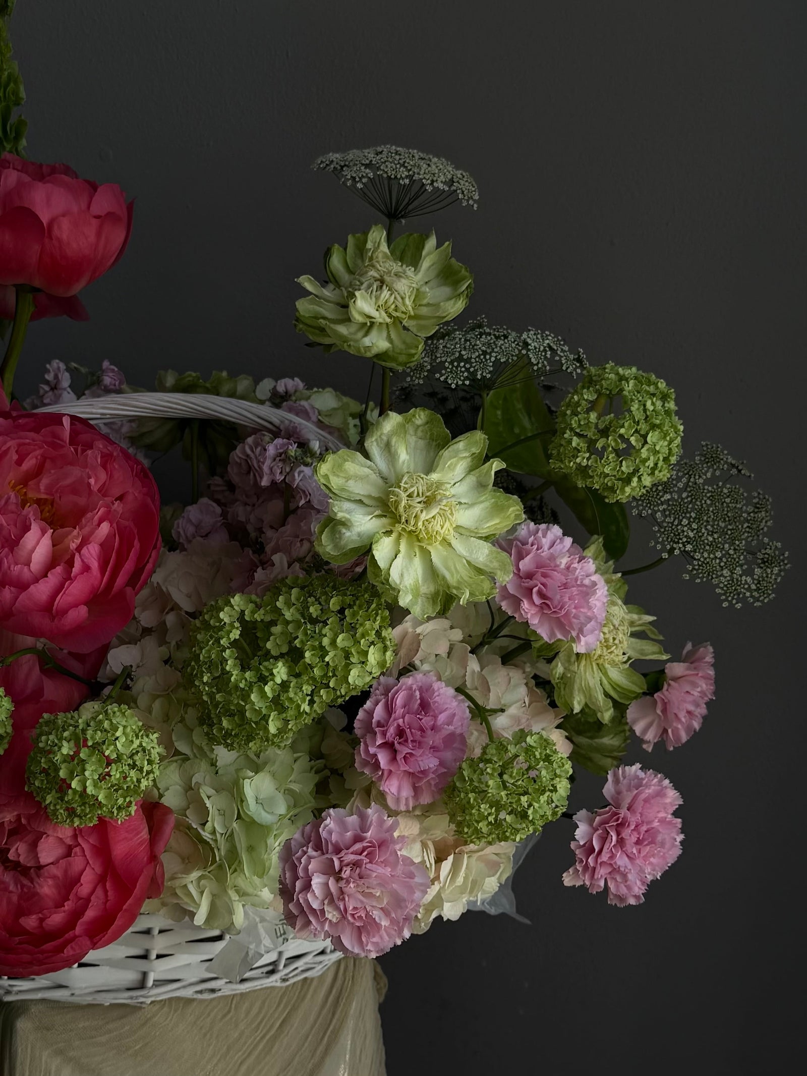 Flower Basket “Peak Summer” — peonies, veggie roses, viburnum, hydrangeas