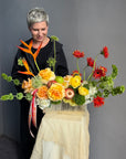Vase Arrangement “No Beige” — gerberas, roses, green dianthus, hydrangea, viburnum, molucella, decorative apple