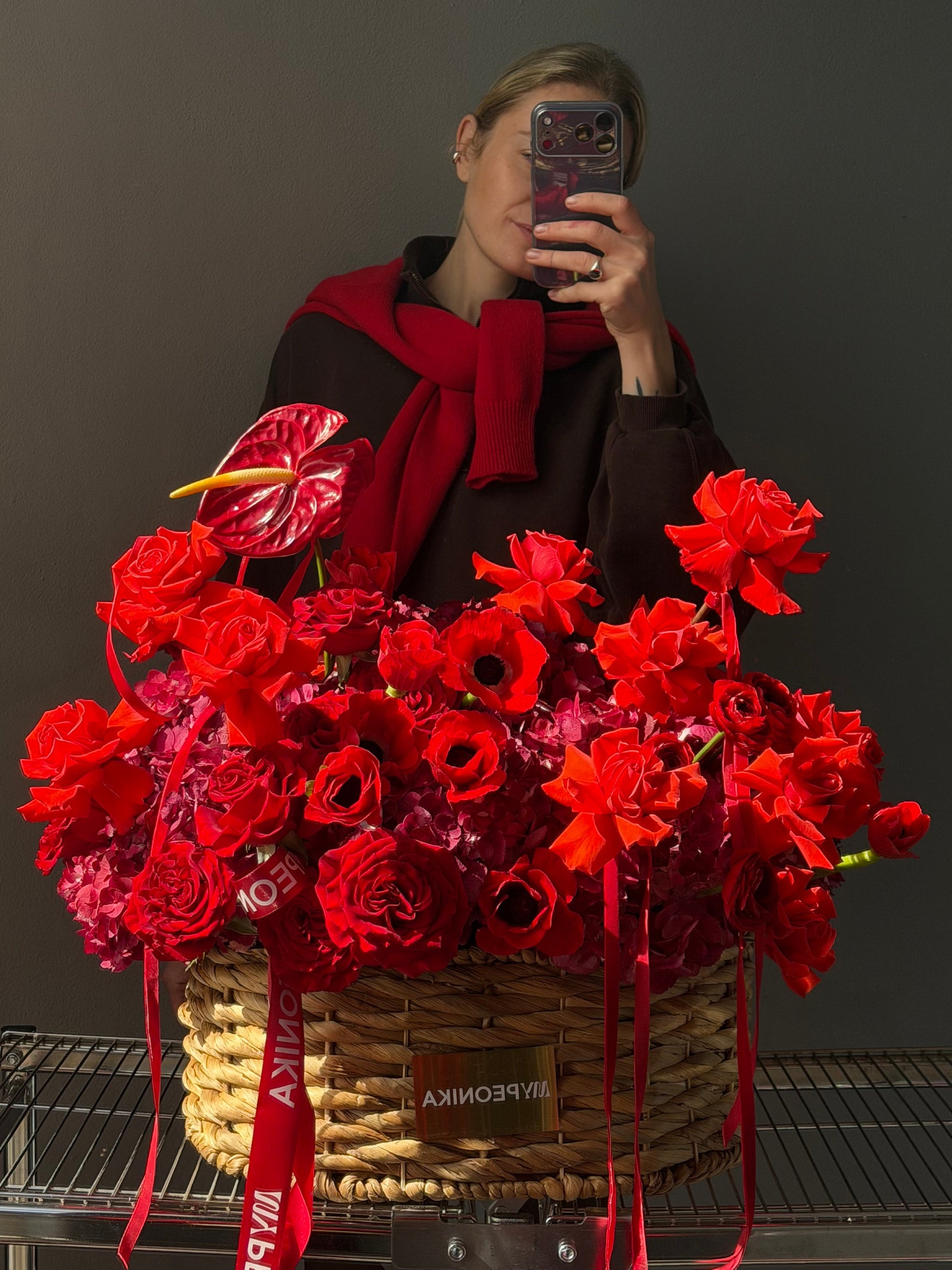 Flower Basket “Body Language” — anemones, roses, anthurium, hydrangea
