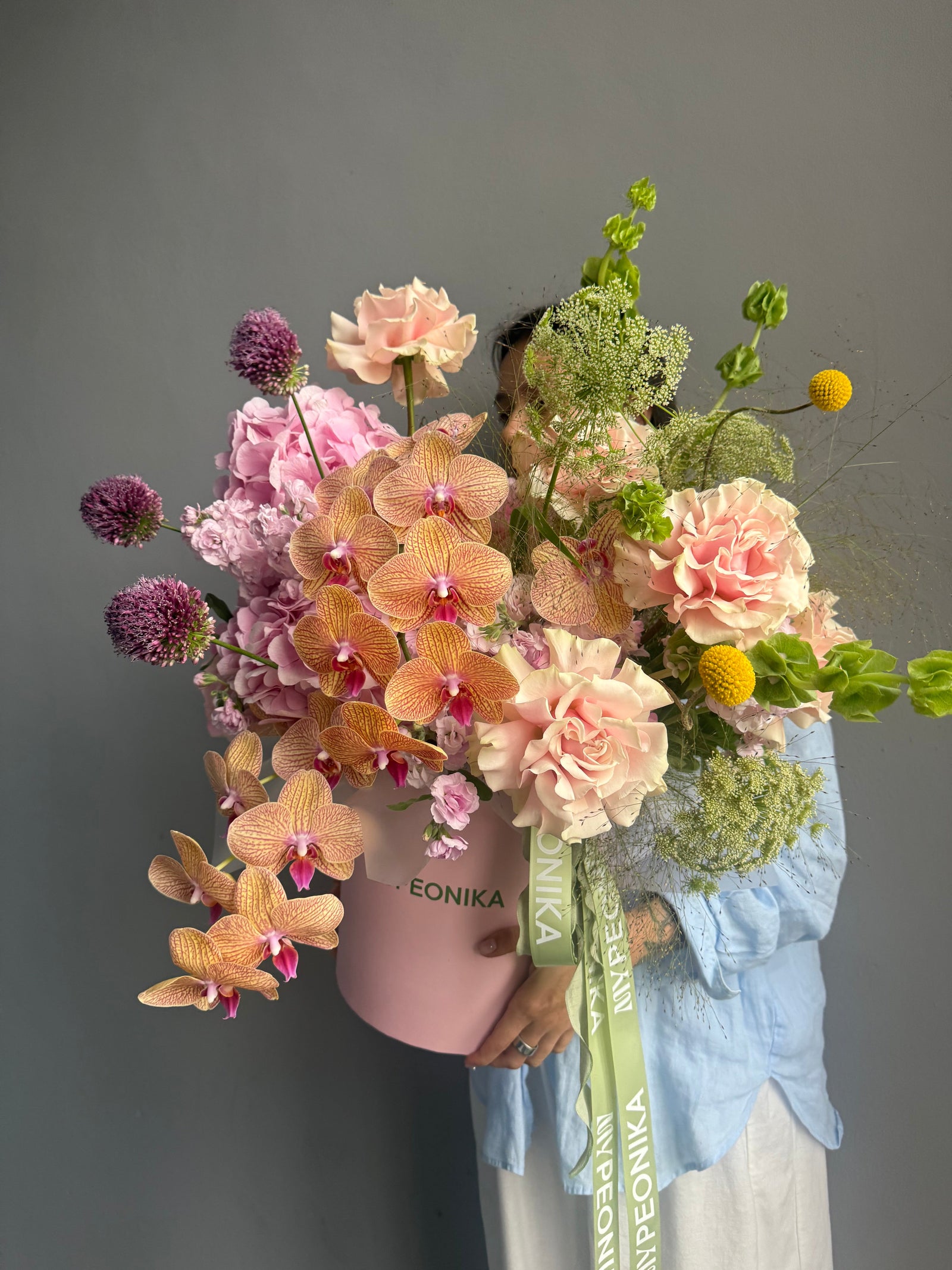 Flower Box “Cloud Atlas” — orchids, hydrangea, roses, allium