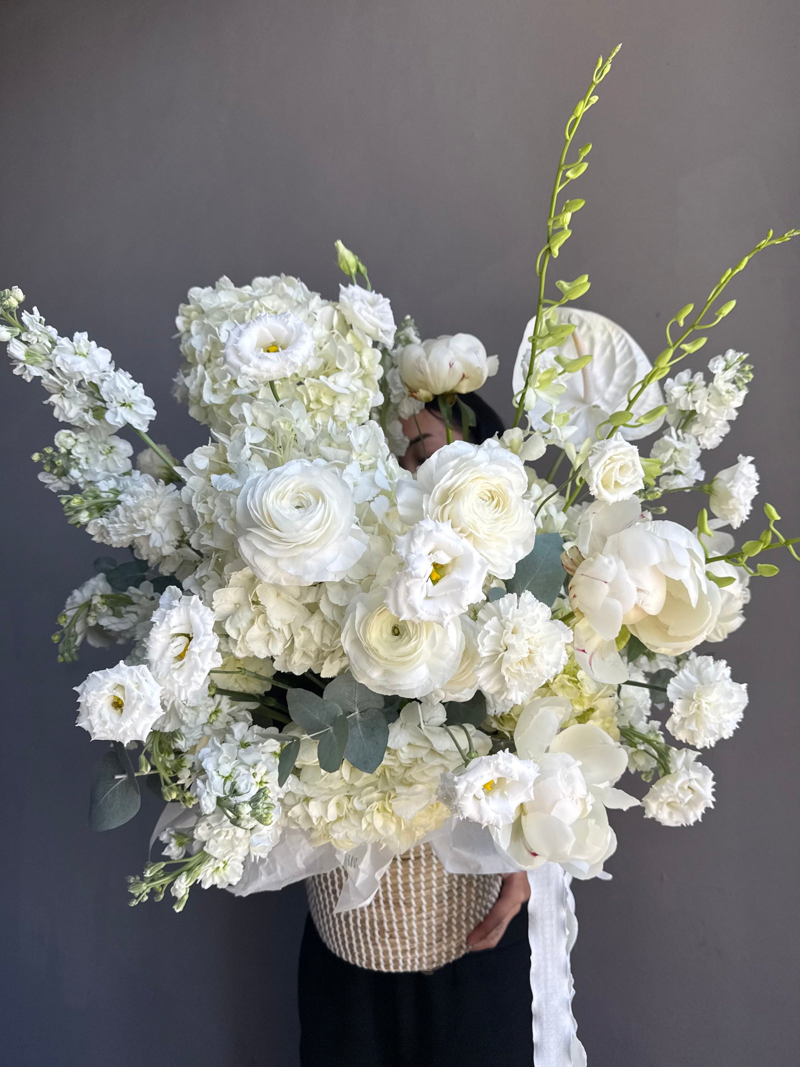 Flower Basket “Clean Girl Bloom” — roses, peonies, viburnum, lisianthus, ranunculus
