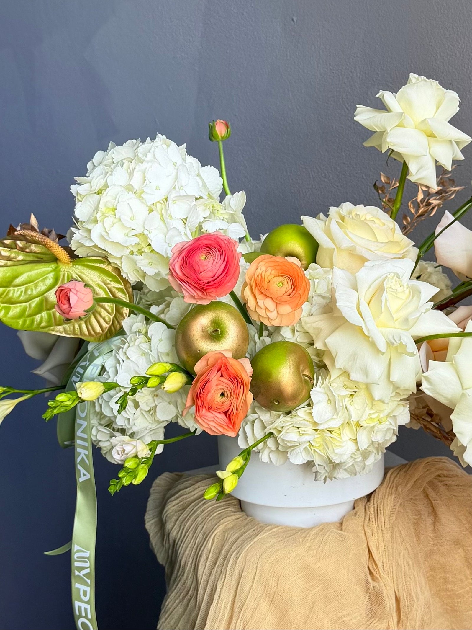 Vase Arrangement “September Silk” — hydrangea, rose, ranunculus, calla lily, anthurium, decorative apple