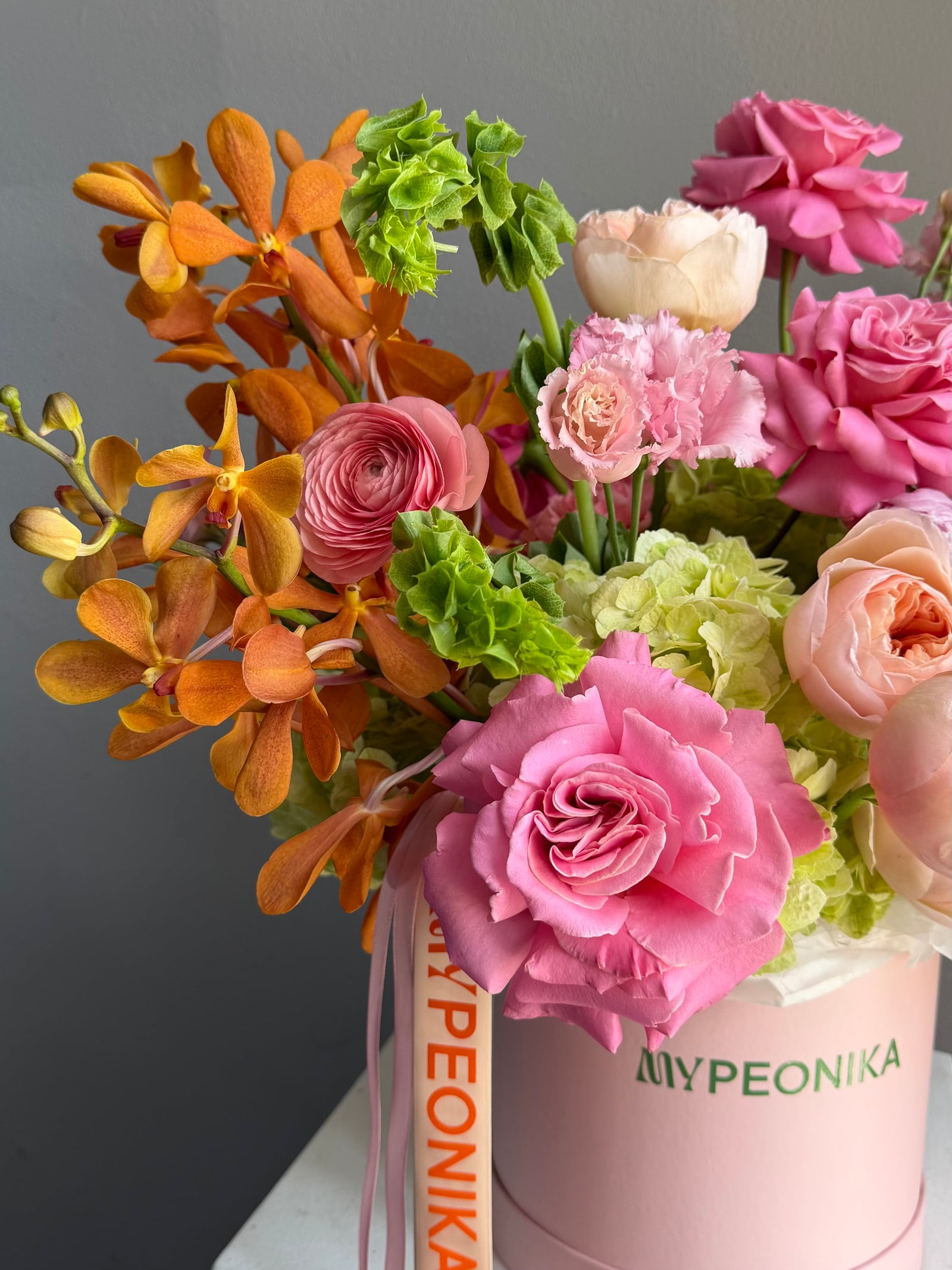 Flower Box “Amazonia” — peonies, roses, hydrangeas, ranunculus, moluccella