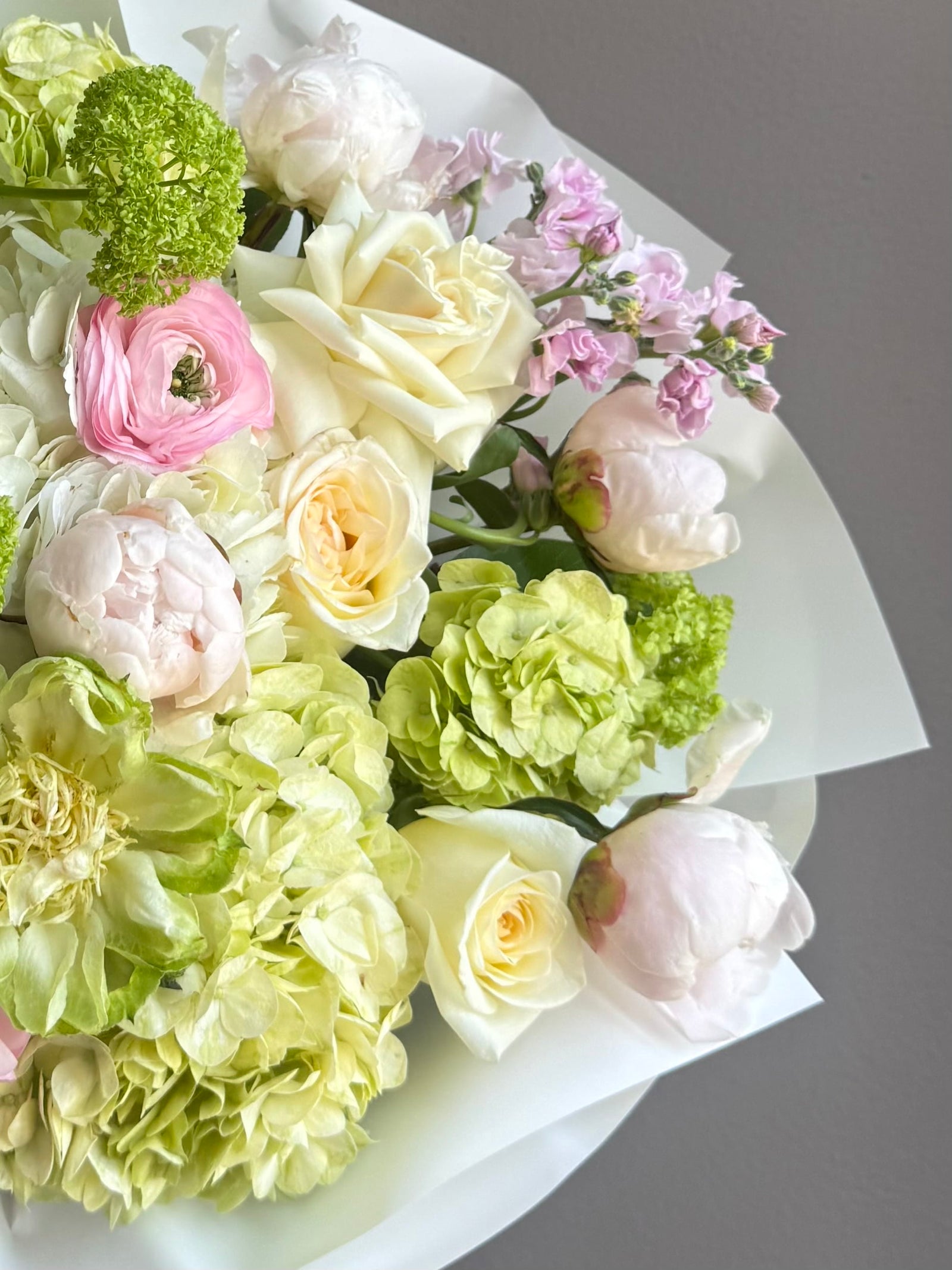 Bouquet “The Softest Thank You” — roses, hydrangea, peonies, ranunculus, veggie roses