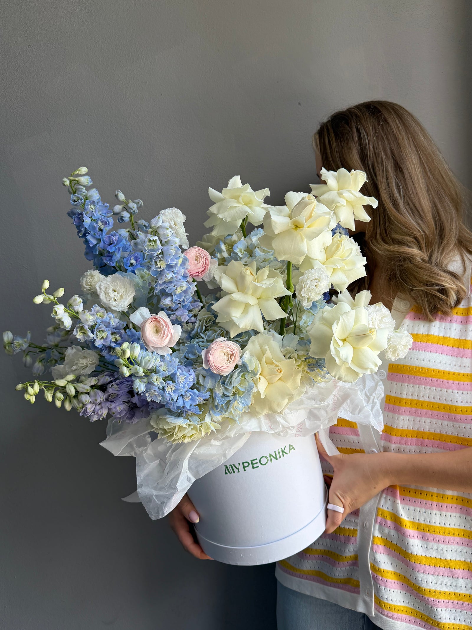 Flower Box “Unsent Message” — roses, delphinium, ranunculus