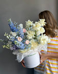 Flower Box “Unsent Message” — roses, delphinium, ranunculus