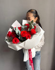 Bouquet “Red Nina” — roses, eucalyptus