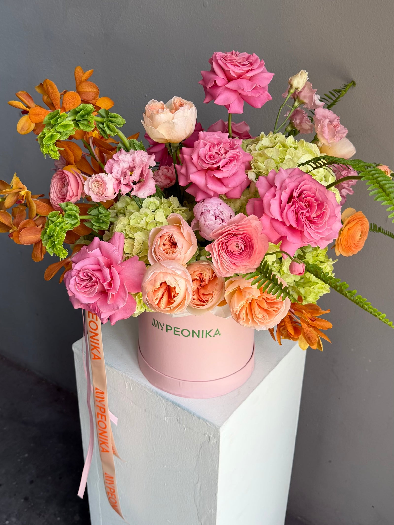 Flower Box “Amazonia” — peonies, roses, hydrangeas, ranunculus, moluccella