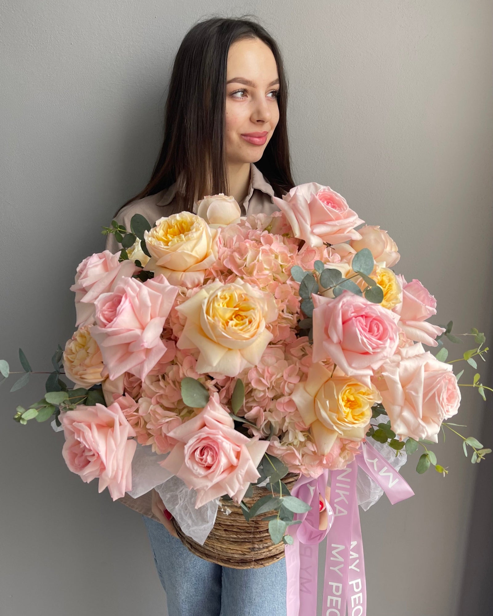 Flower Basket "Love Affair" - garden roses, hydrangeas