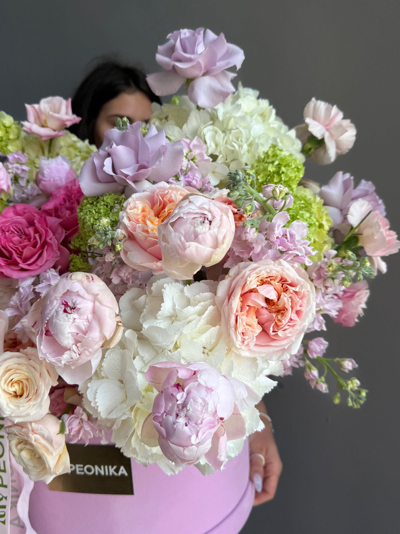 Flower Box “For Her, With Love” — roses, hydrangea, peonies, ranunculus, viburnum