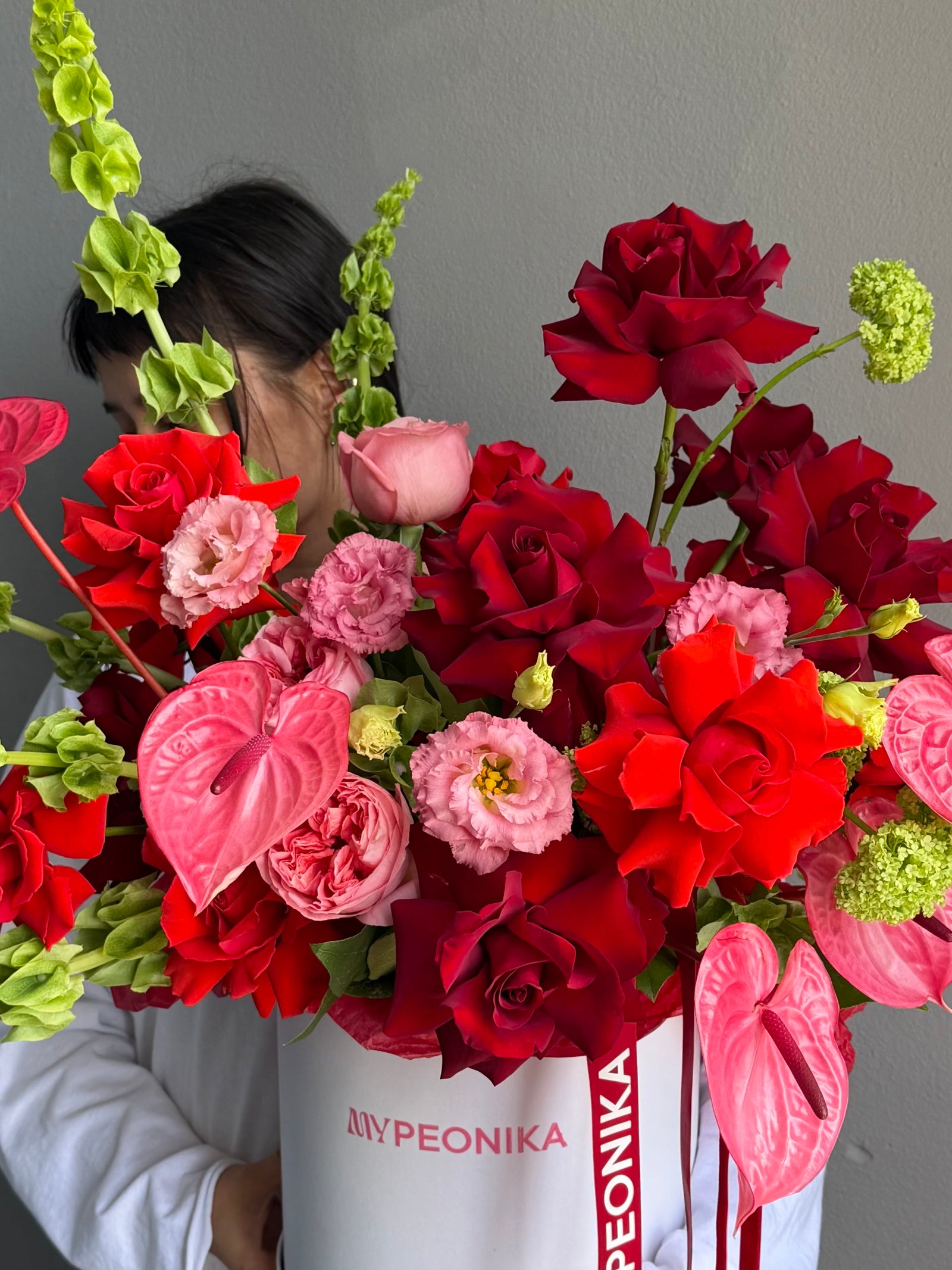 Flower Box “Too Good in Red” — anthurium, roses, viburnum