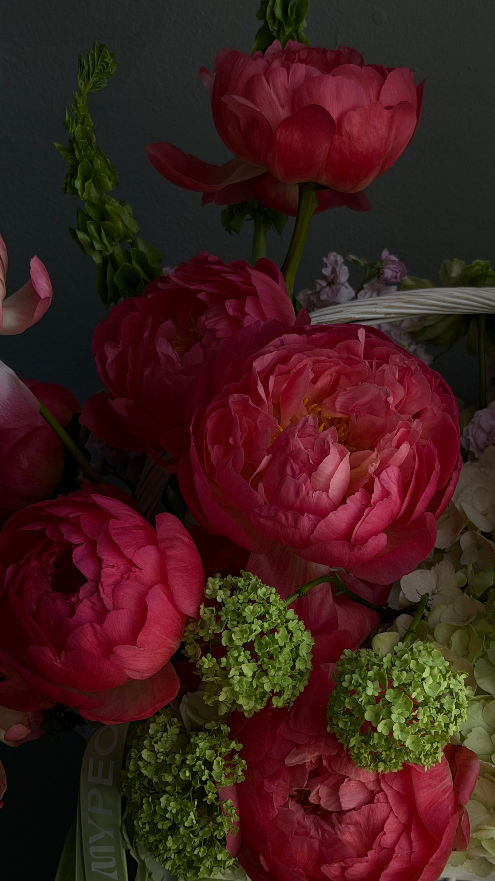 Flower Basket “Peak Summer” — peonies, veggie roses, viburnum, hydrangeas